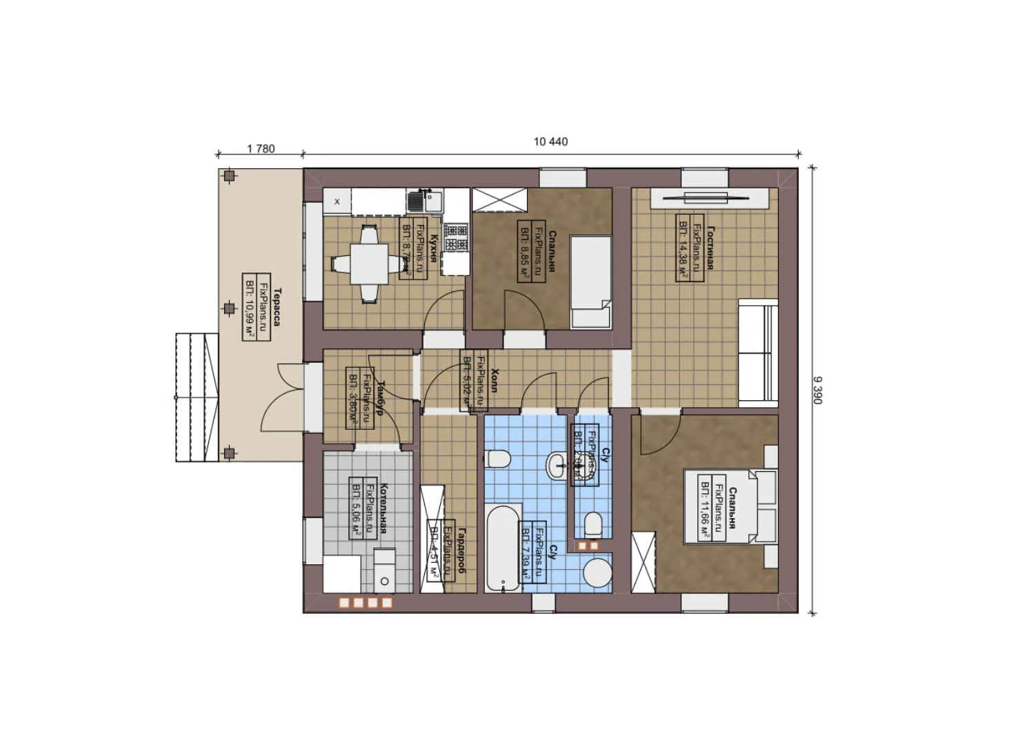 F-8576 - План одноэтажного дома 10 на 11, площадью 90 м² с террасой и 2 спальнями