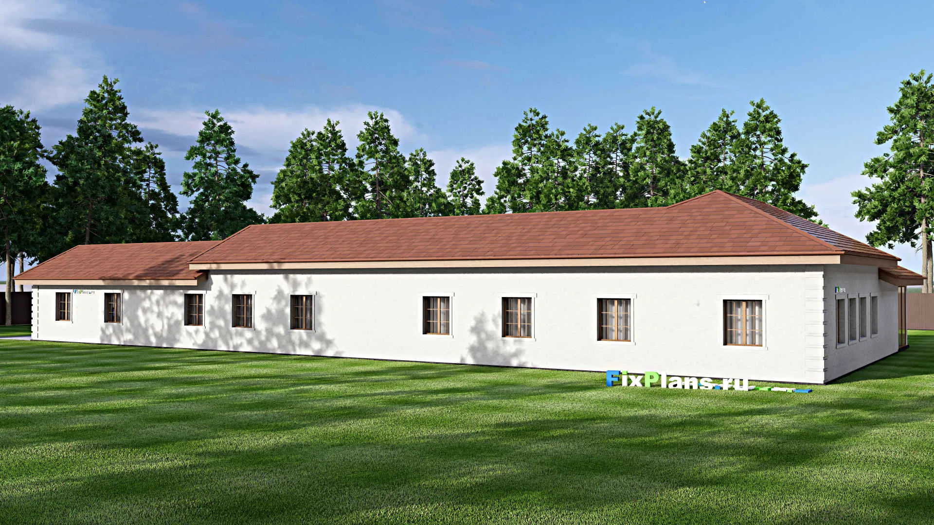 F-8324 - Проект одноэтажного дома 19 на 40, площадью 300 м² с террасой, гаражом на 2 машины и 5 спальнями