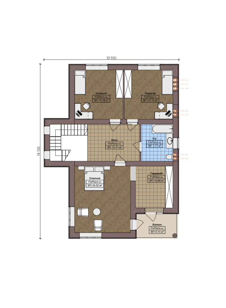 F-3608 - Планы двухэтажного дома 15 на 16, площадью 270 м² с террасой, балконом, гаражом на 2 машины и 4 спальнями