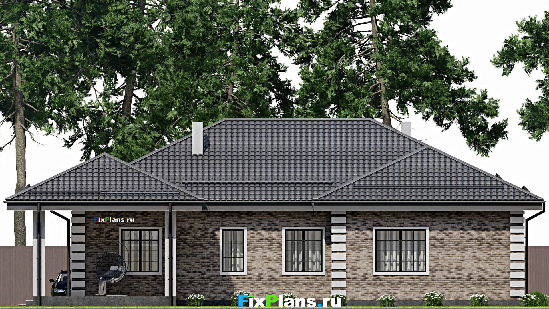 F-1943 - Проект одноэтажного дома 14 на 18, площадью 200 м² с террасой и 4 спальнями