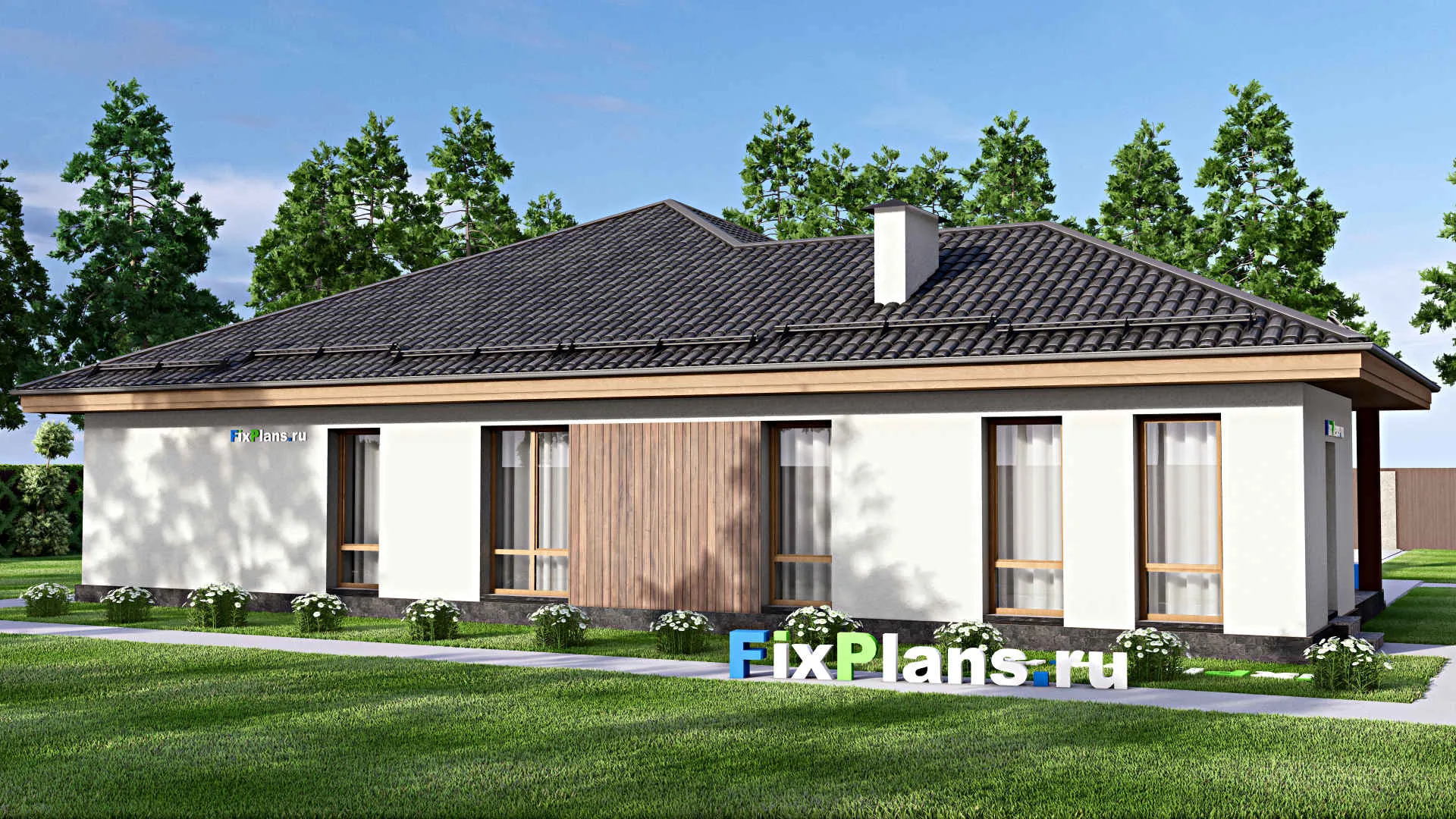 F-16973 - Проект одноэтажного дома 15 на 20, площадью 200 м² с террасой и 3 спальнями