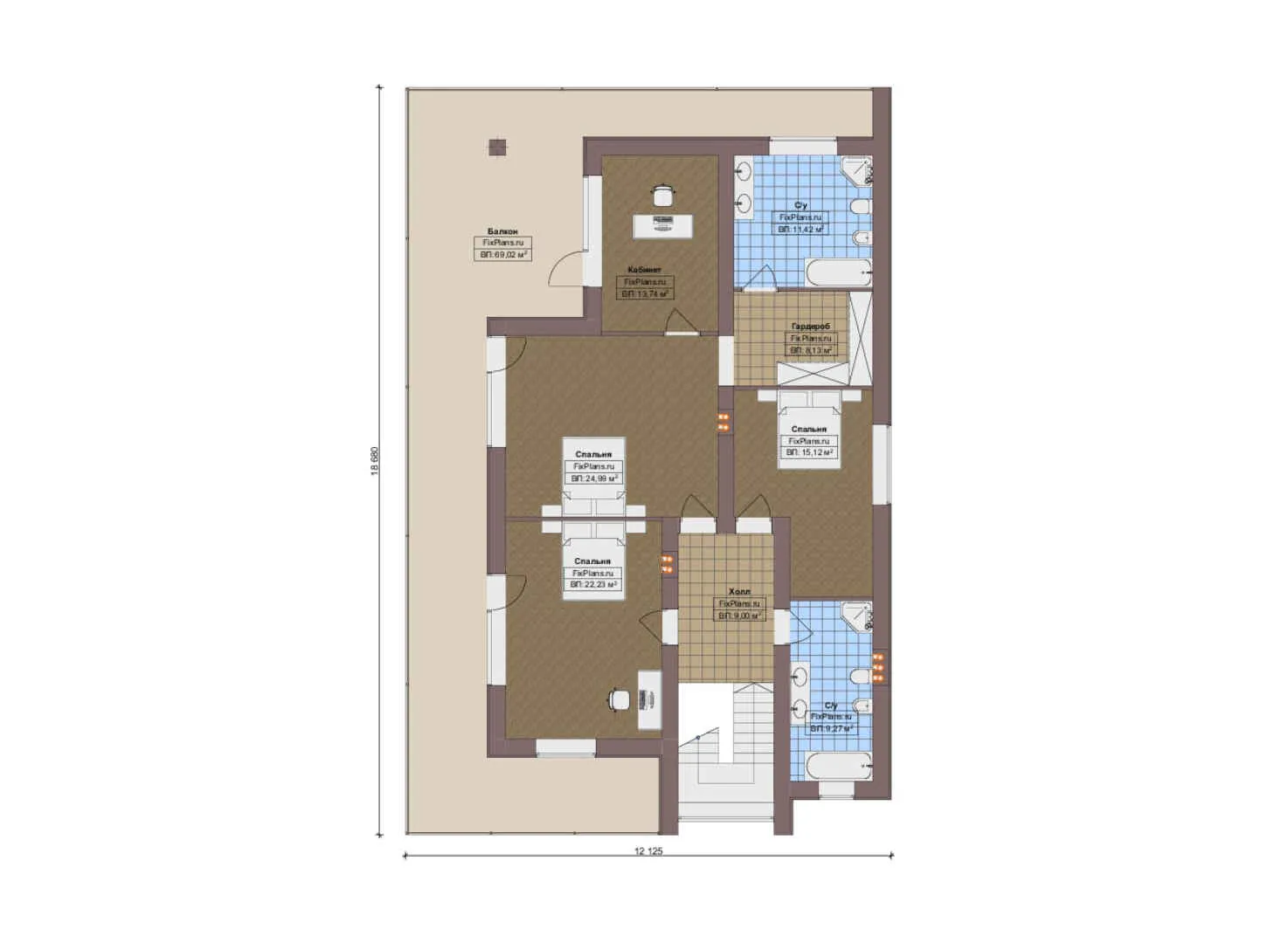 F-14822 - Планы двухэтажного дома 13 на 19, площадью 400 м² с террасой, балконом и 5 спальнями