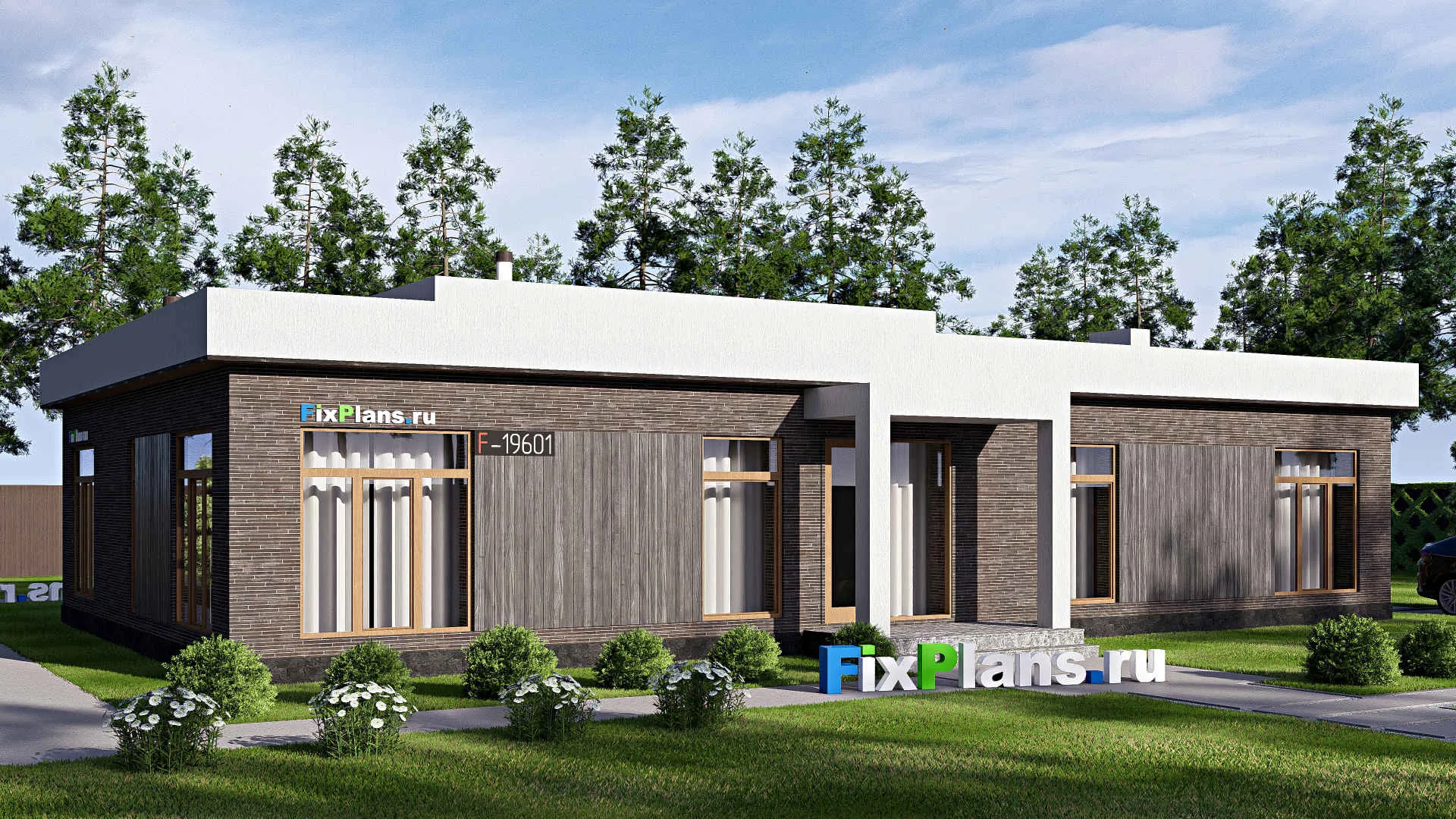 F-19601 - Проект одноэтажного дома 18 на 19, площадью 220 м² с террасой и 4 спальнями