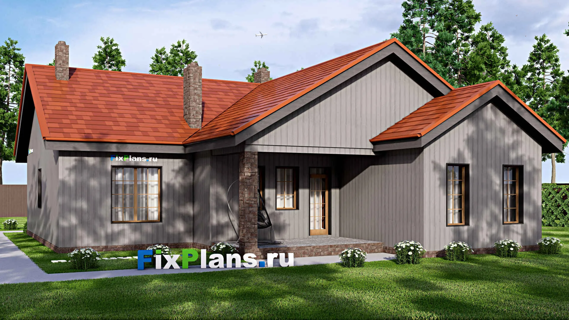 F-16739 - Проект одноэтажного дома 15 на 18, площадью 170 м² с террасой, гаражом на 1 машину и 3 спальнями