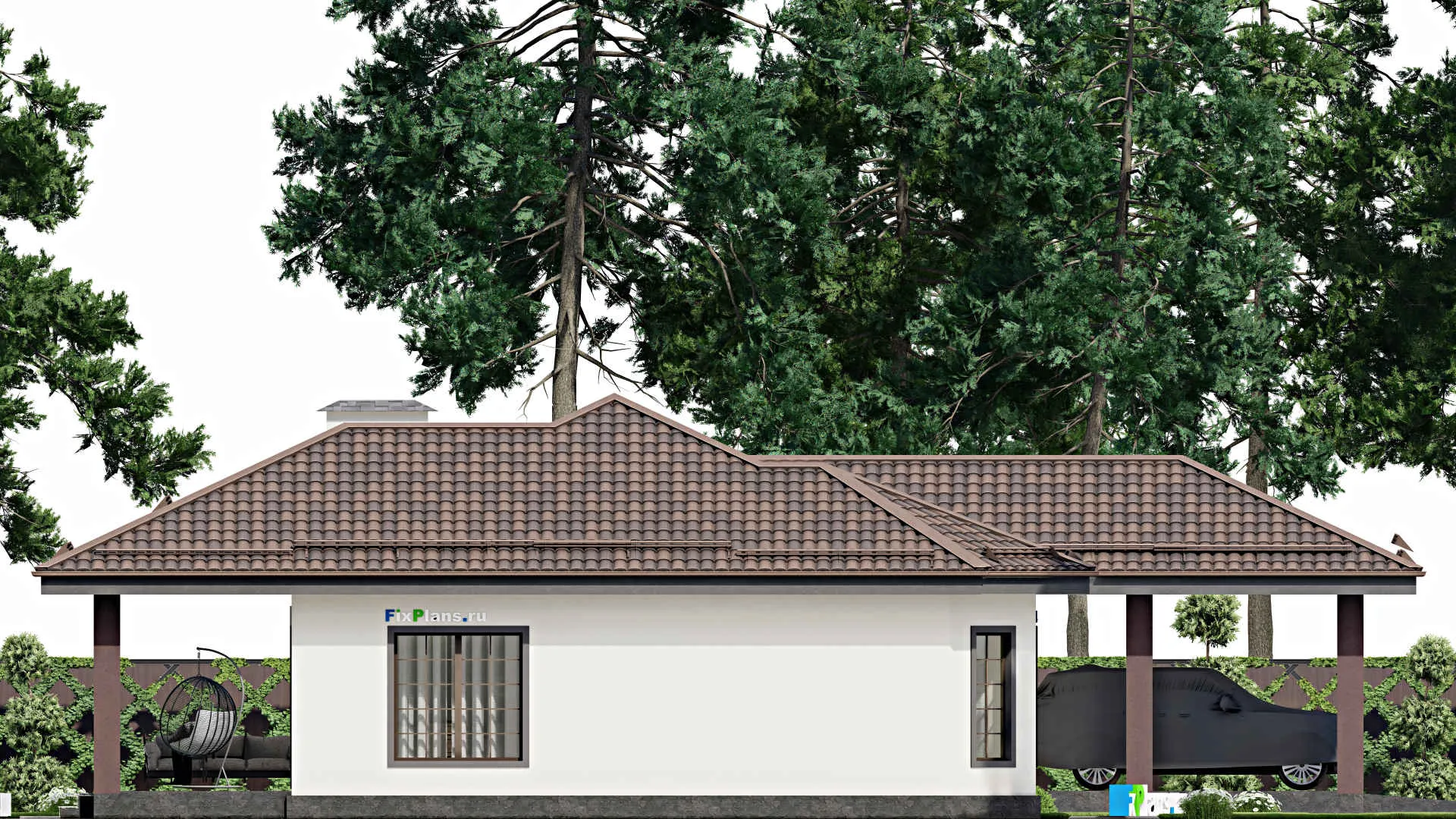 F-12077 - Проект одноэтажного дома 20 на 20, площадью 220 м² с террасой, гаражом на 2 машины и 2 спальнями