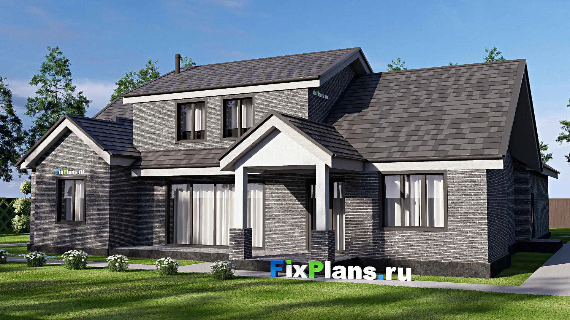 F-20366 - Проект дома с мансардой 23 на 25, площадью 340 м² с террасой, гаражом на 2 машины и 4 спальнями