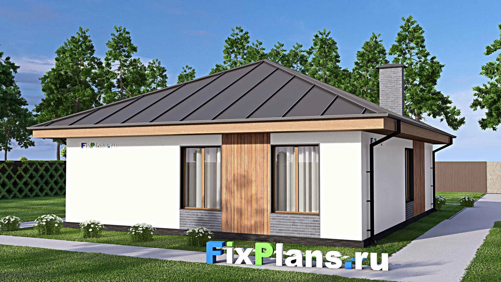 F-13562 - Проект одноэтажного дома 11 на 13, площадью 110 м² с террасой, баней и 2 спальнями