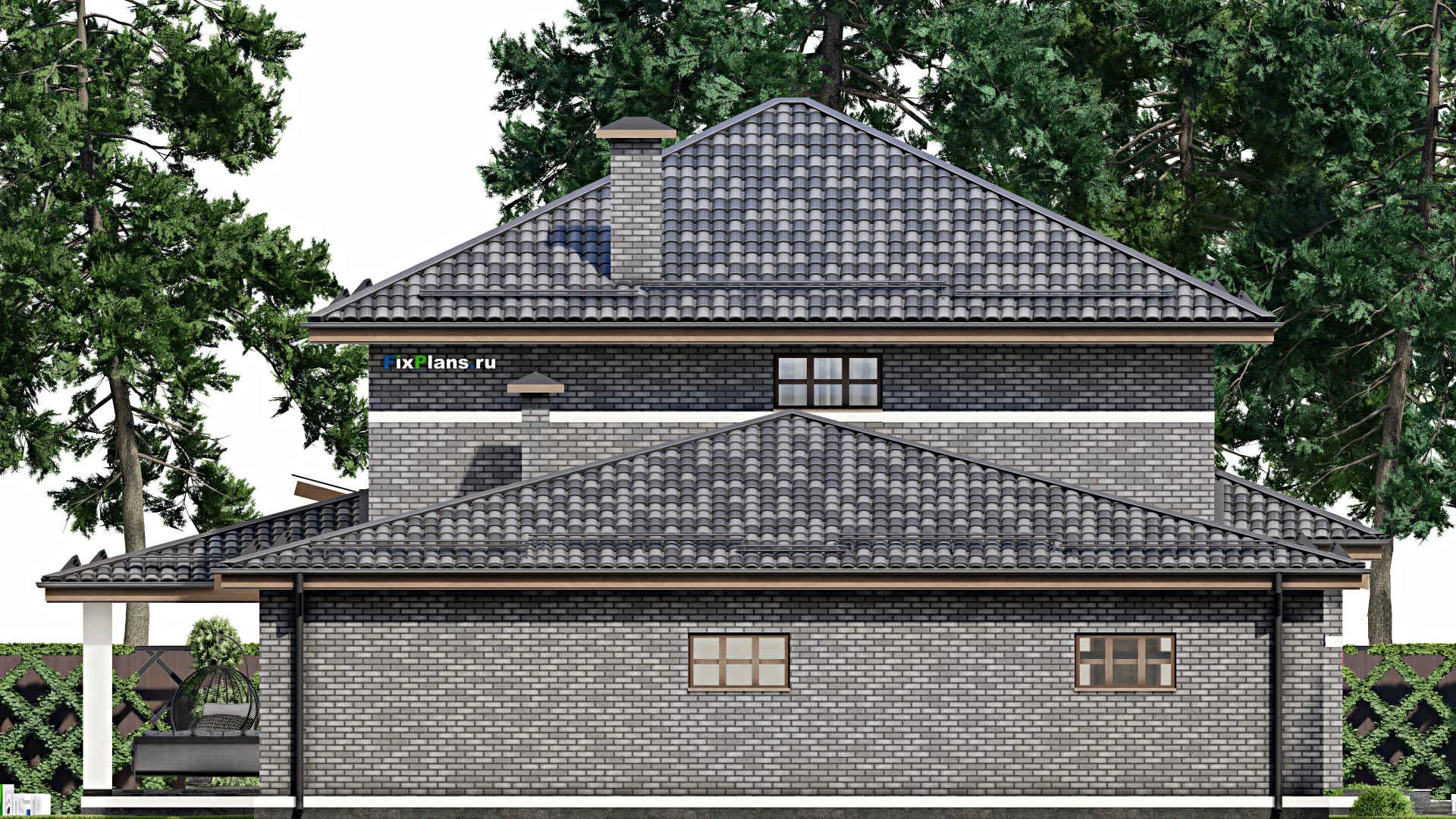 F-3482 - Проект двухэтажного дома 19 на 23, площадью 350 м² с террасой, гаражом на 2 машины и 5 спальнями