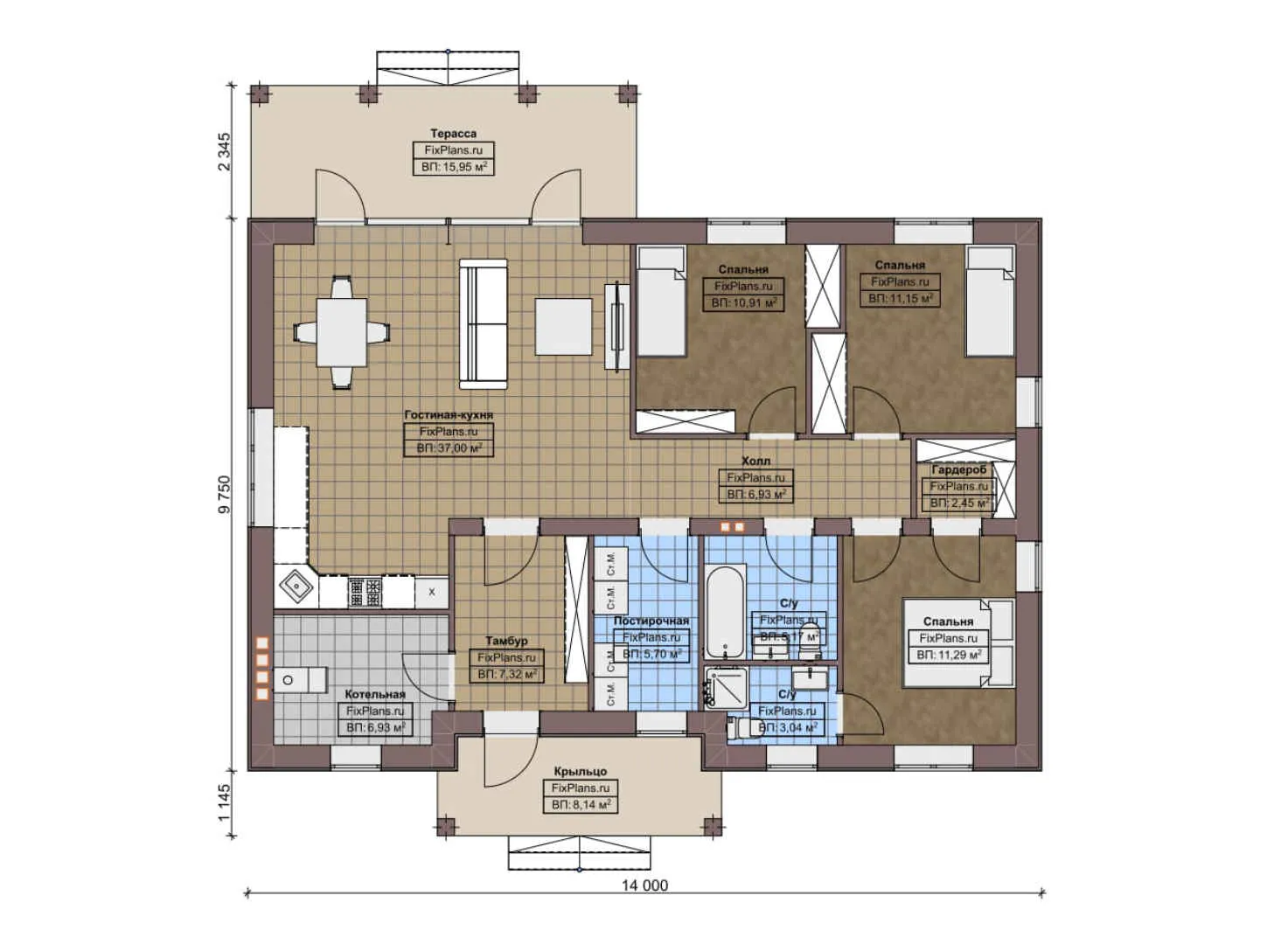 F-4580 - План одноэтажного дома 10 на 14, площадью 140 м² с террасой и 3 спальнями