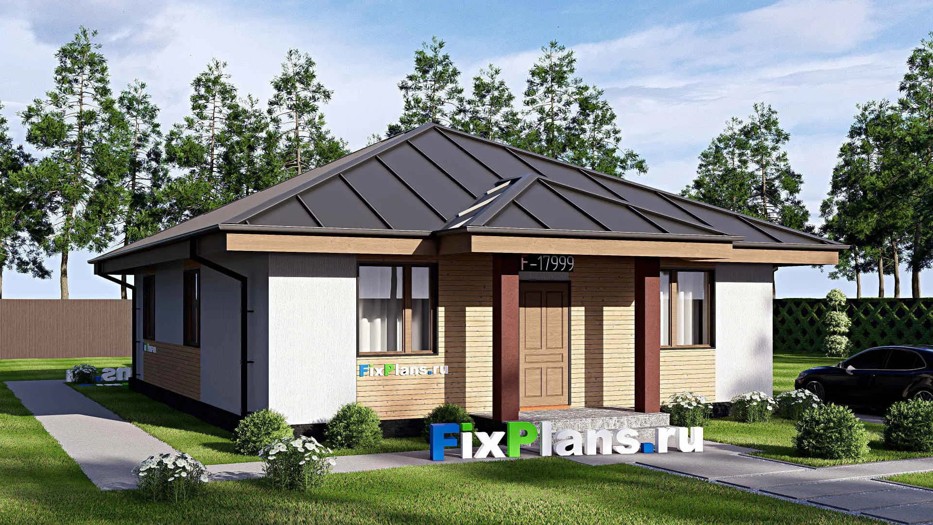 F-17999 - Проект одноэтажного дома 10 на 16, площадью 120 м² с террасой и 3 спальнями