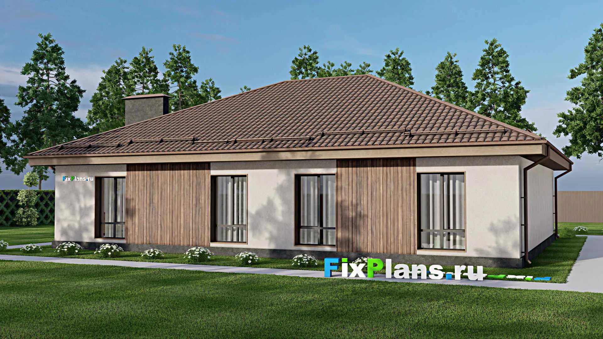 F-7649 - Проект одноэтажного дома 17 на 18, площадью 220 м² с гаражом на 2 машины и 3 спальнями