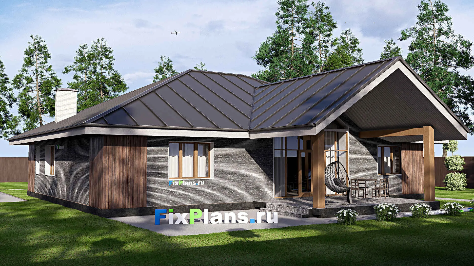 F-19718 - Проект одноэтажного дома 18 на 20, площадью 230 м² с террасой и 1 спальнями