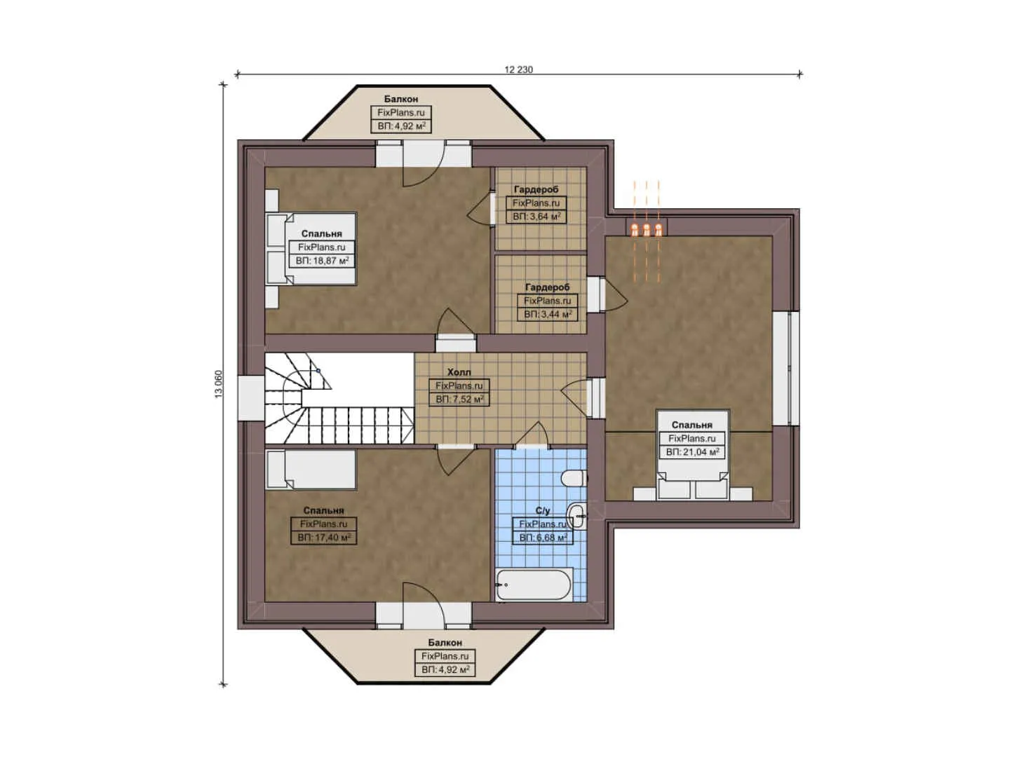 F-9404 - Планы дома с мансардой 15 на 20, площадью 240 м² с террасой, балконом и 3 спальнями