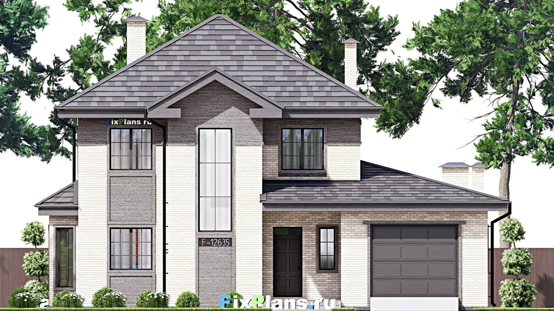 F-12635 - Проект двухэтажного дома 15 на 15, площадью 220 м² с террасой, баней, гаражом на 1 машину и 4 спальнями