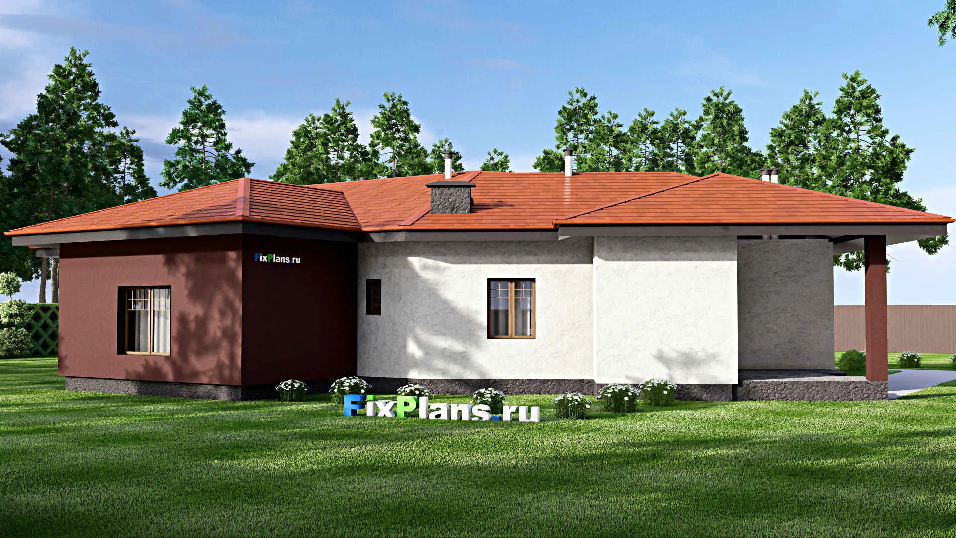 F-15209 - Проект одноэтажного дома 22 на 28, площадью 300 м² с террасой и 4 спальнями