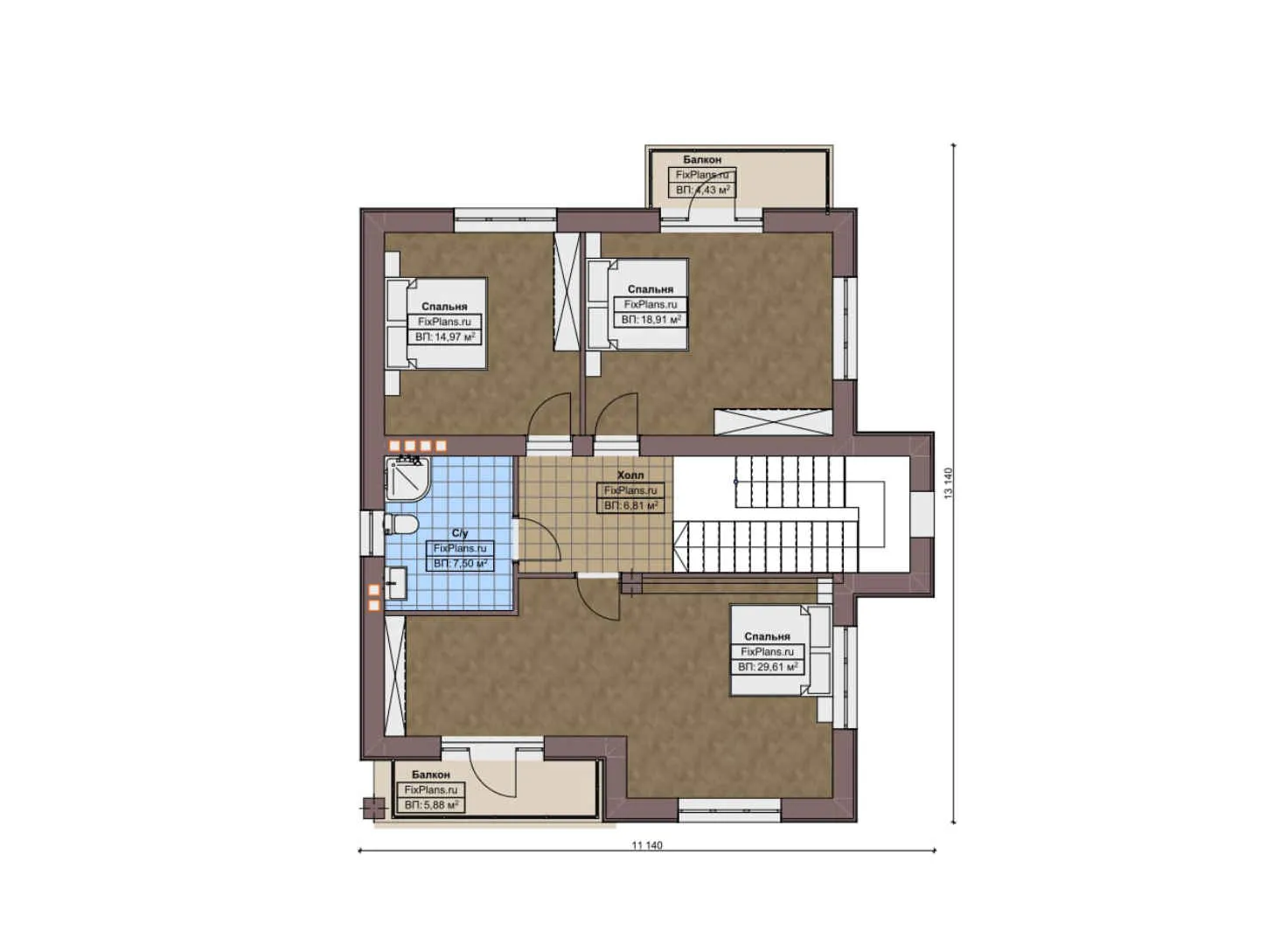 F-10142 - Планы двухэтажного дома 15 на 17, площадью 250 м² с террасой, балконом, гаражом на 2 машины и 4 спальнями