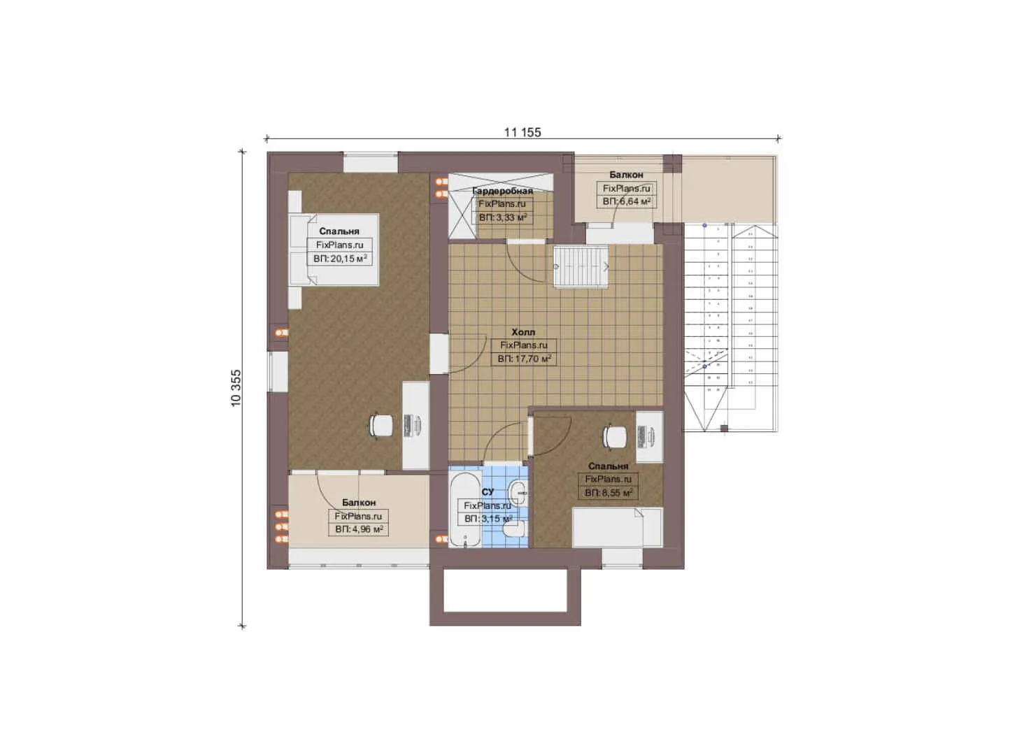 F-20015 - Планы двухэтажного дома 12 на 13, площадью 150 м² с террасой, балконом и 3 спальнями