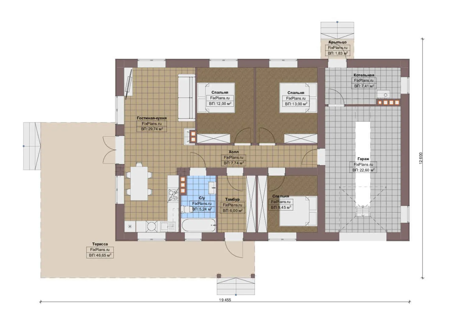 F-12743 - План одноэтажного дома 13 на 20, площадью 170 м² с террасой, гаражом на 1 машину и 3 спальнями