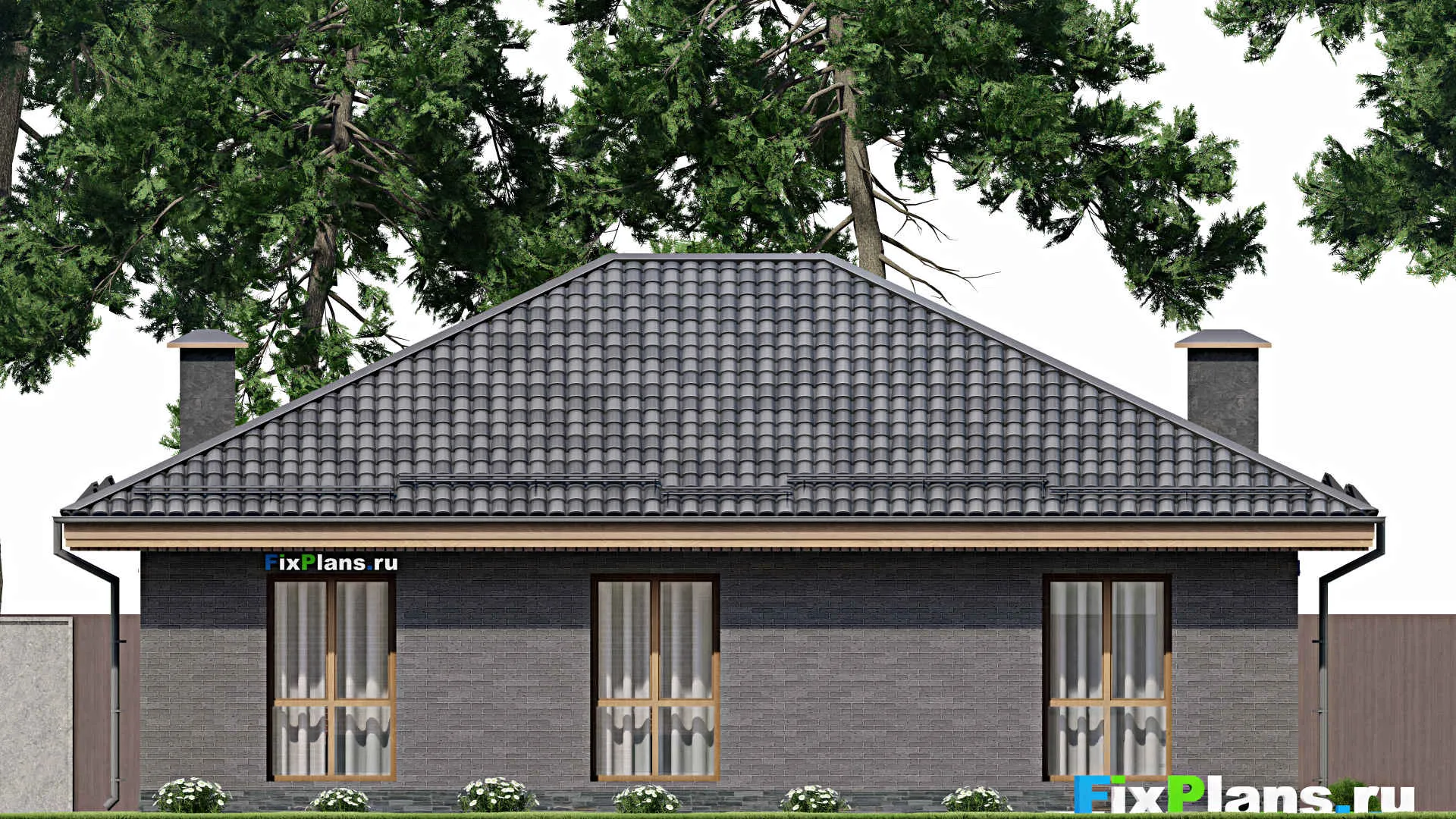 F-7874 - Проект одноэтажного дома 11 на 14, площадью 120 м² с террасой и 3 спальнями