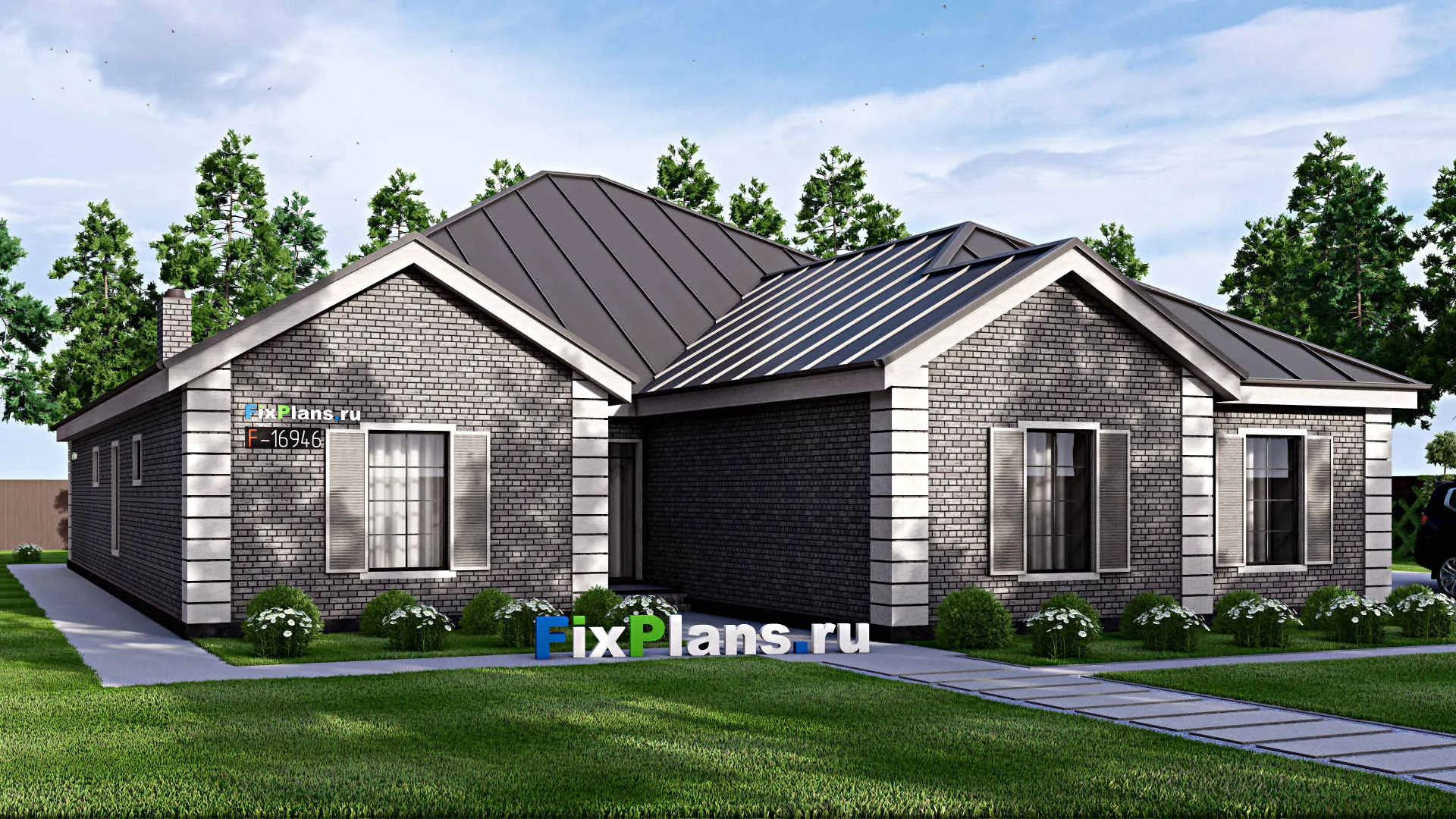 F-16946 - Проект одноэтажного дома 21 на 28, площадью 420 м² с террасой, гаражом на 2 машины и 3 спальнями