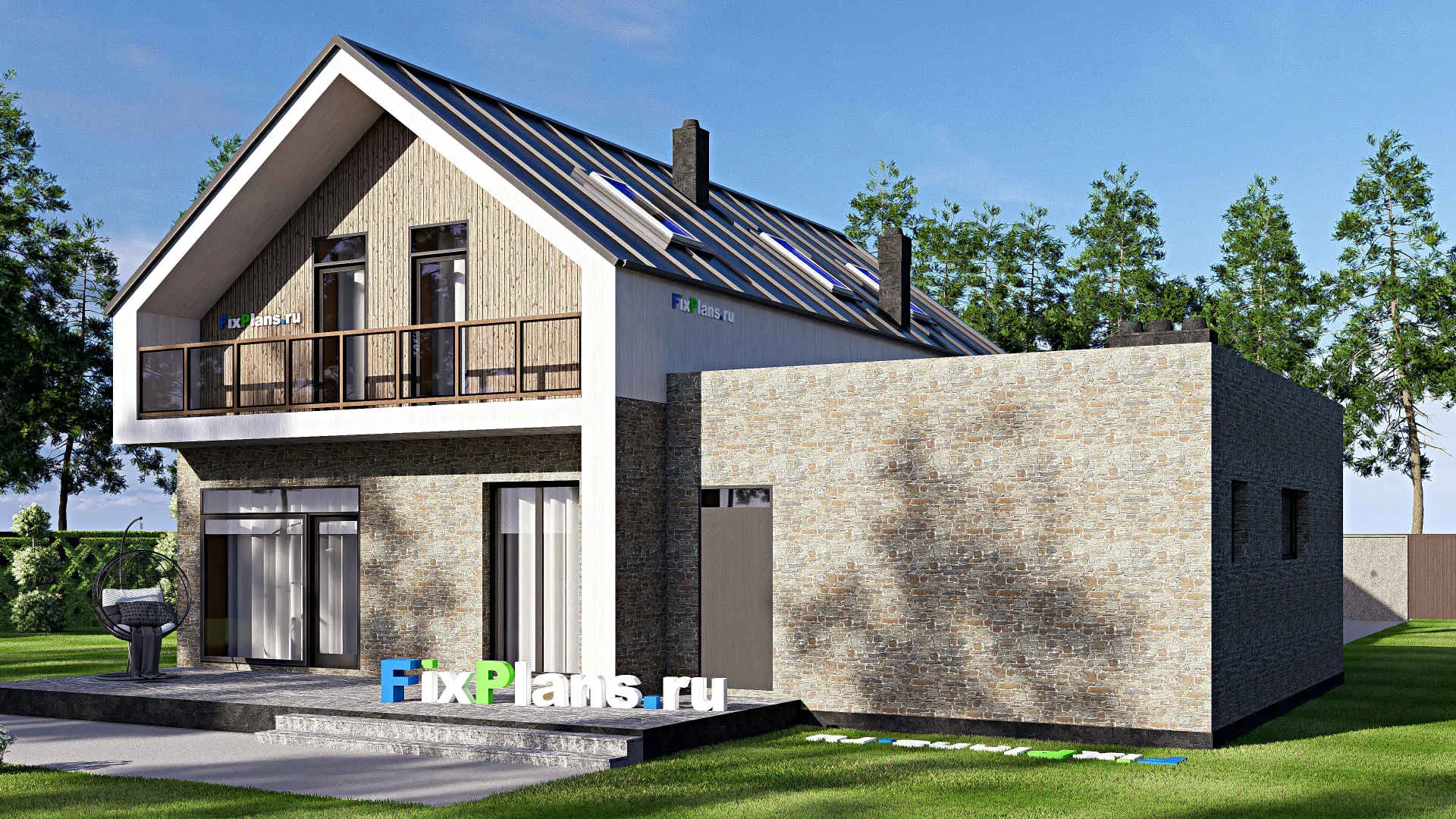 F-16568 - Проект дома с мансардой 15 на 18, площадью 270 м² с террасой, балконом, гаражом на 2 машины и 3 спальнями