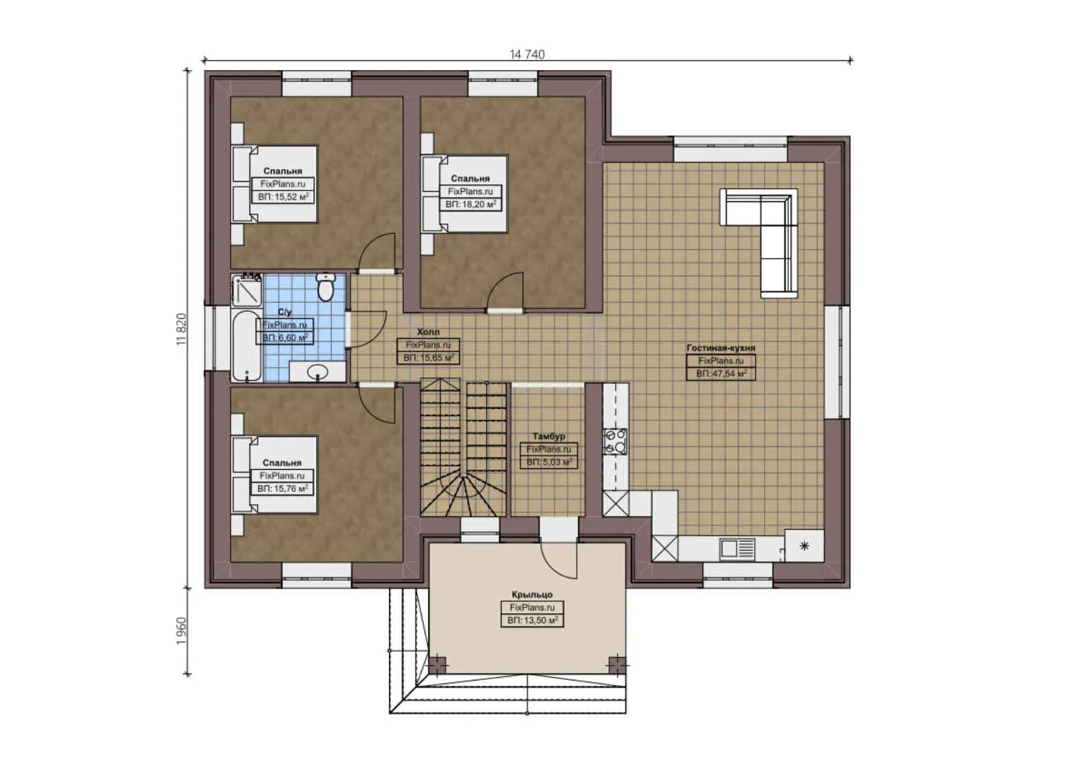 F-1007 - Планы дома с мансардой 12 на 15, площадью 230 м² с 6 спальнями