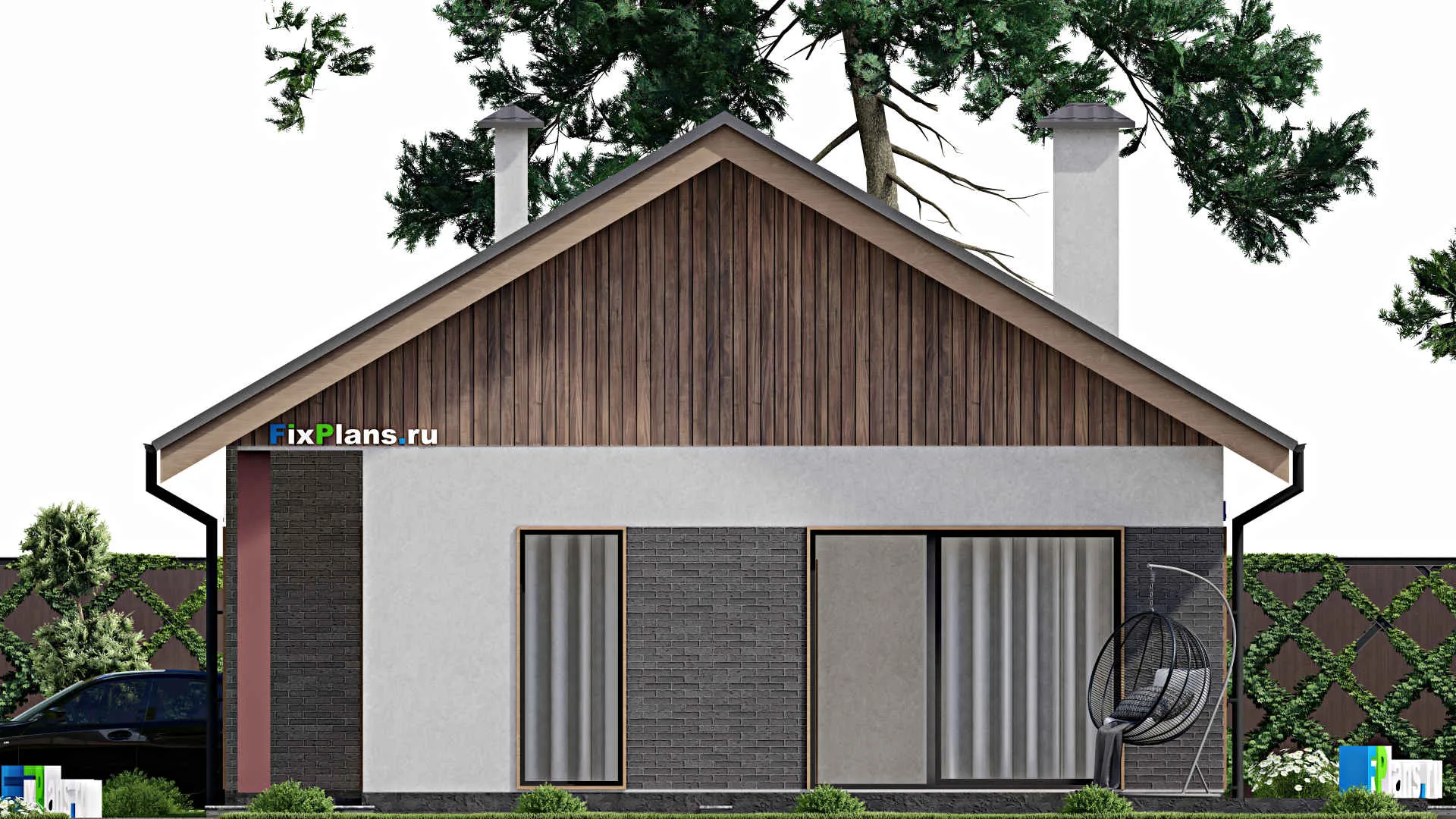 F-7064 - Проект одноэтажного дома 11 на 14, площадью 120 м² с террасой и 2 спальнями