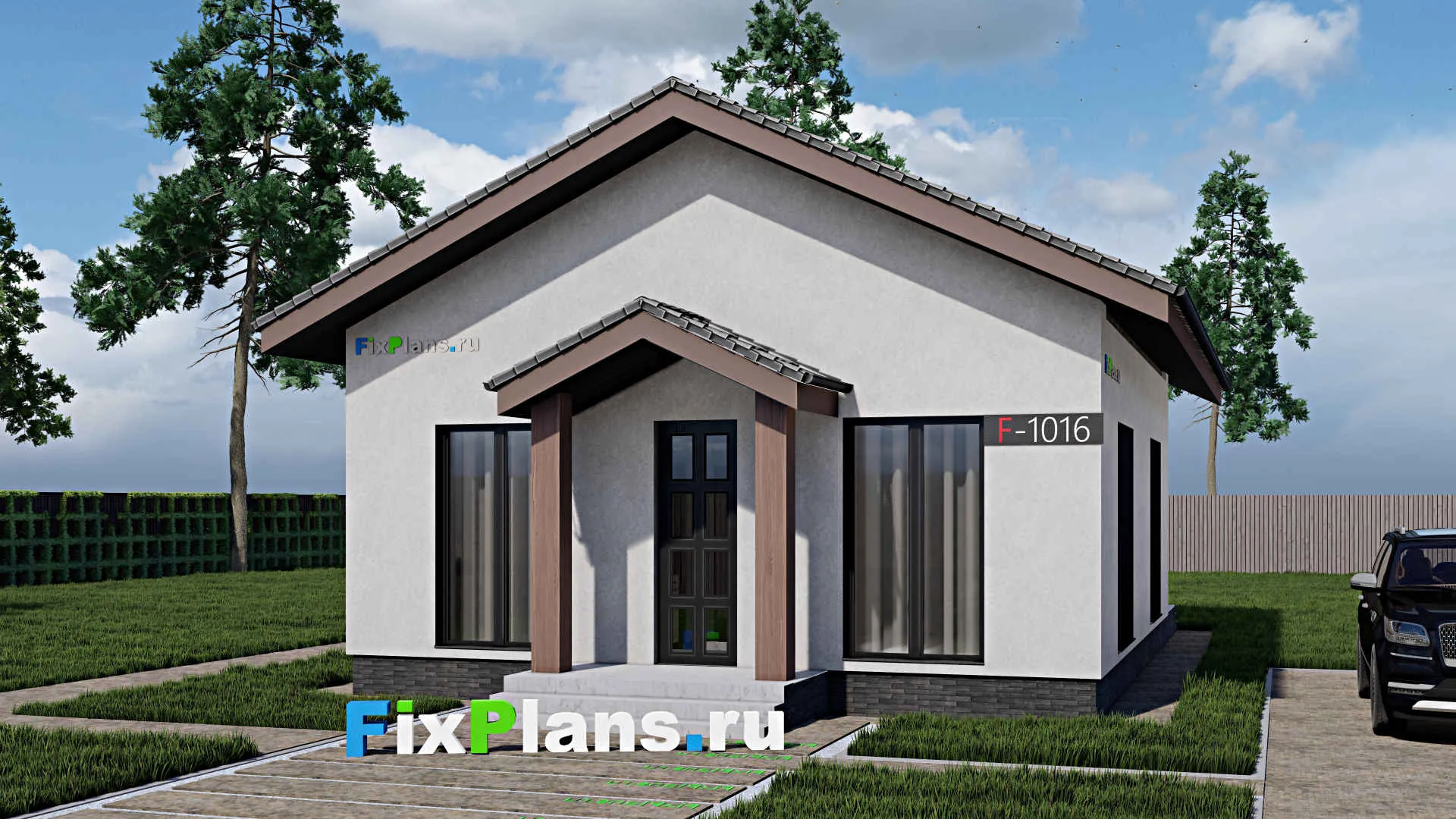 F-1016 - Проект одноэтажного дома 9 на 10, площадью 90 м² с террасой и 1 спальнями