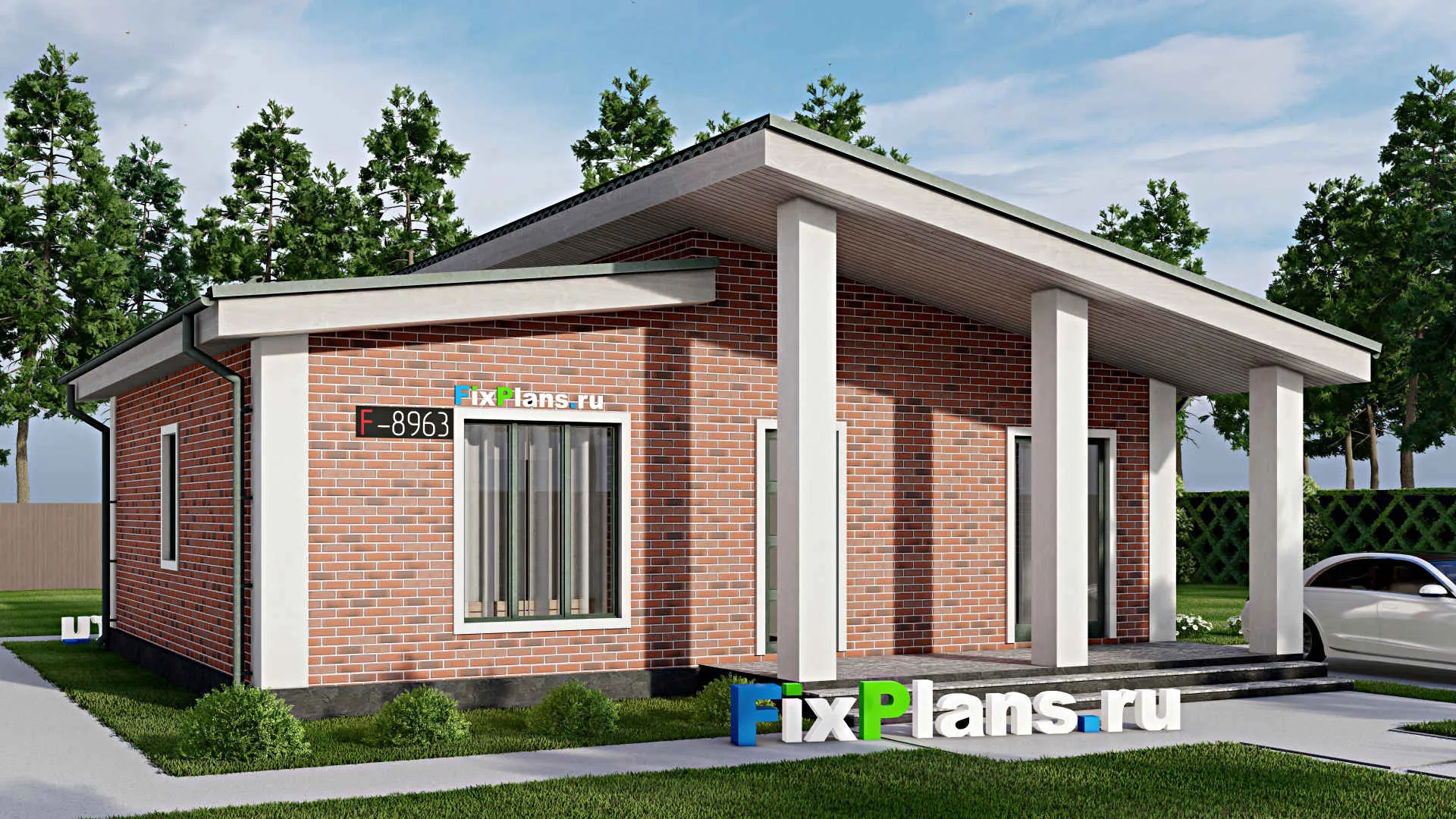 F-8963 - Проект одноэтажного дома 11 на 12, площадью 100 м² с террасой и 2 спальнями