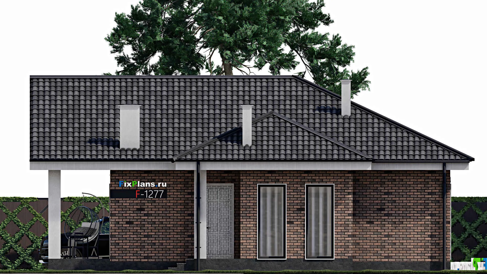 F-1277 - Проект одноэтажного дома 11 на 12, площадью 120 м² с террасой и 3 спальнями