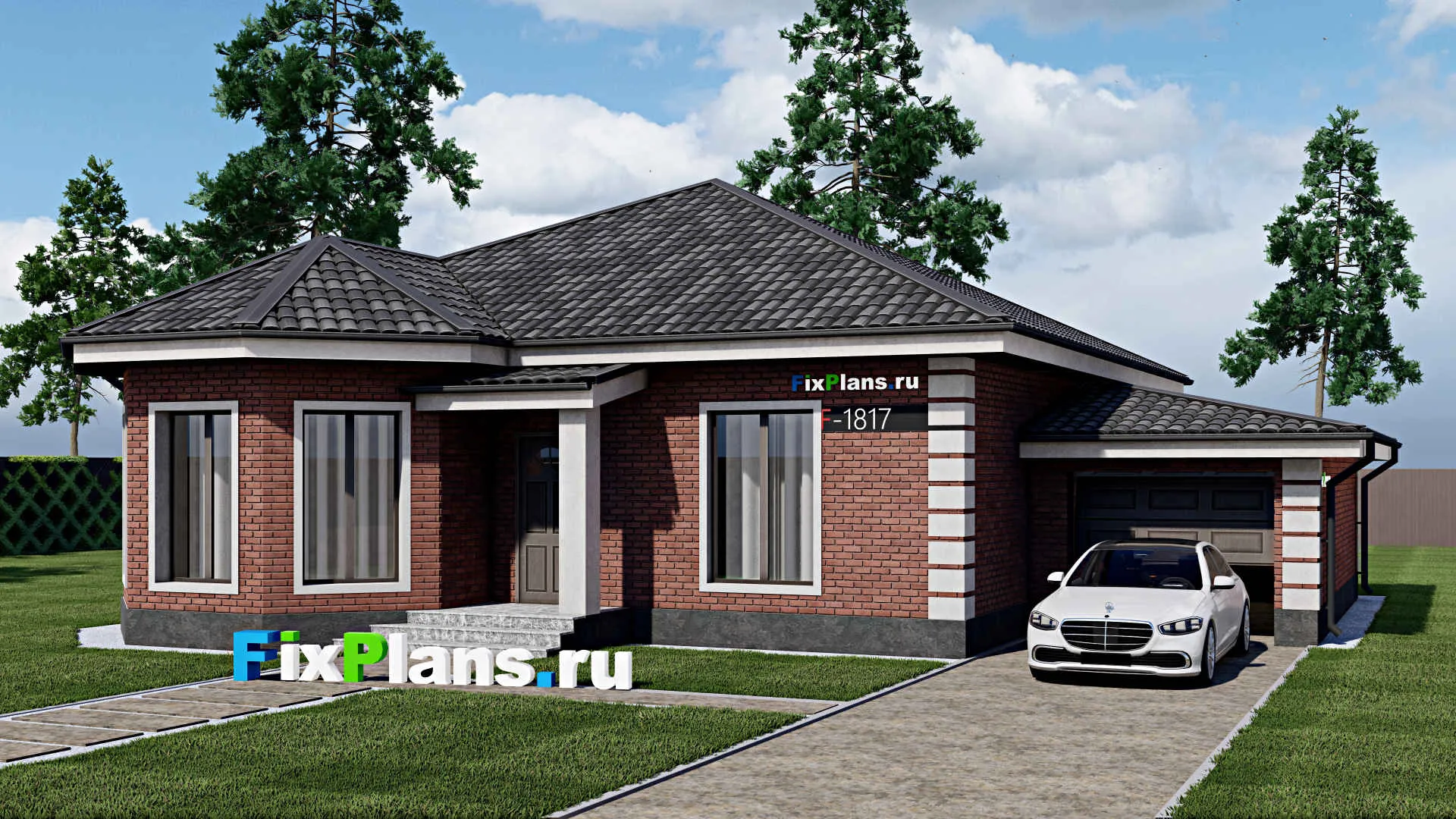 F-1817 - Проект одноэтажного дома 14 на 15, площадью 130 м² с гаражом на 1 машину и 3 спальнями