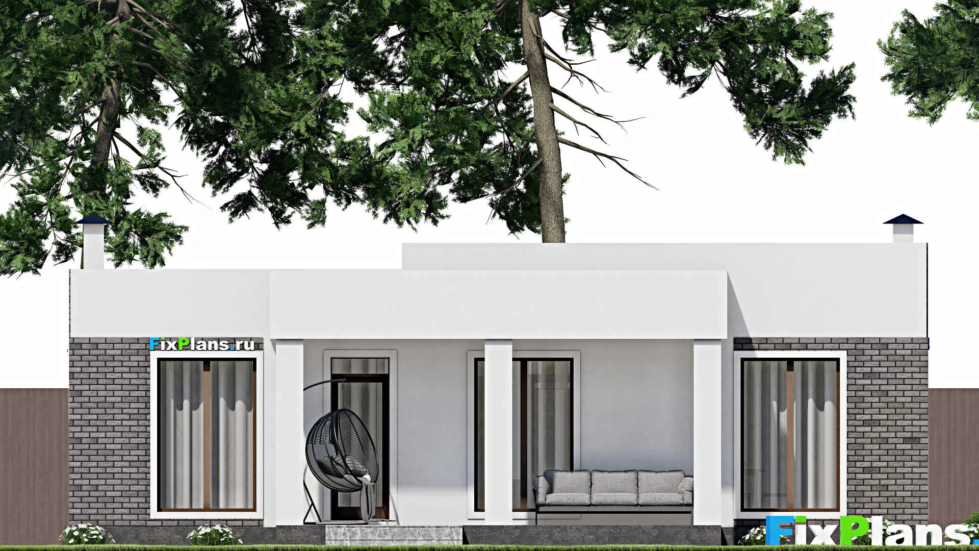 F-8972 - Проект одноэтажного дома 13 на 17, площадью 150 м² с террасой, гаражом на 1 машину и 2 спальнями