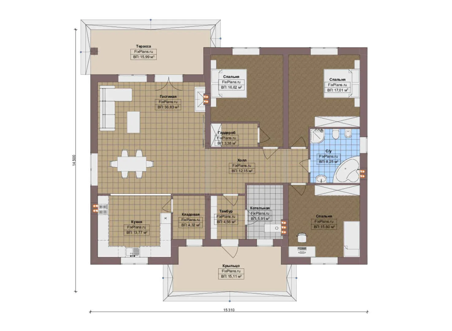 F-14300 - План одноэтажного дома 15 на 16, площадью 170 м² с террасой и 3 спальнями