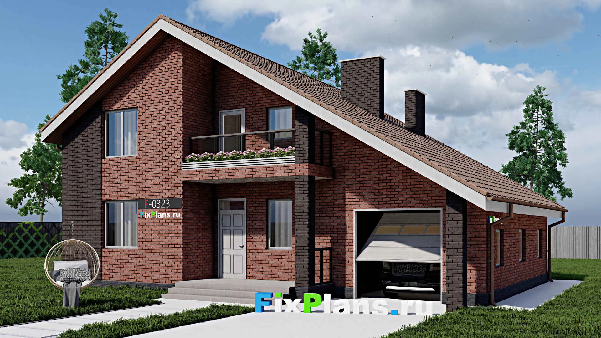 F-0323 - Проект дома с мансардой 11 на 14, площадью 180 м² с террасой, балконом, гаражом на 1 машину и 4 спальнями