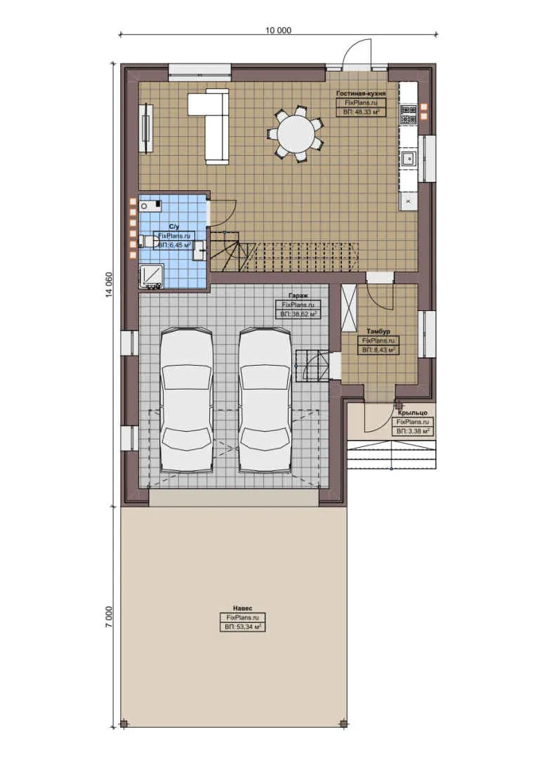 F-6758 - Планы двухэтажного дома 10 на 15, площадью 260 м² с гаражом на 2 машины и 2 спальнями