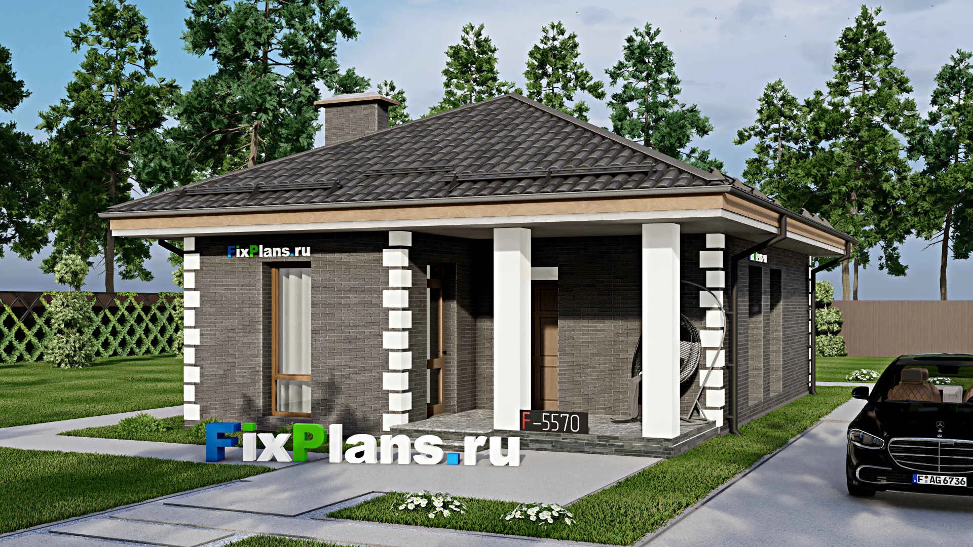 F-5570 - Проект одноэтажного дома 8 на 12, площадью 70 м² с террасой и 3 спальнями