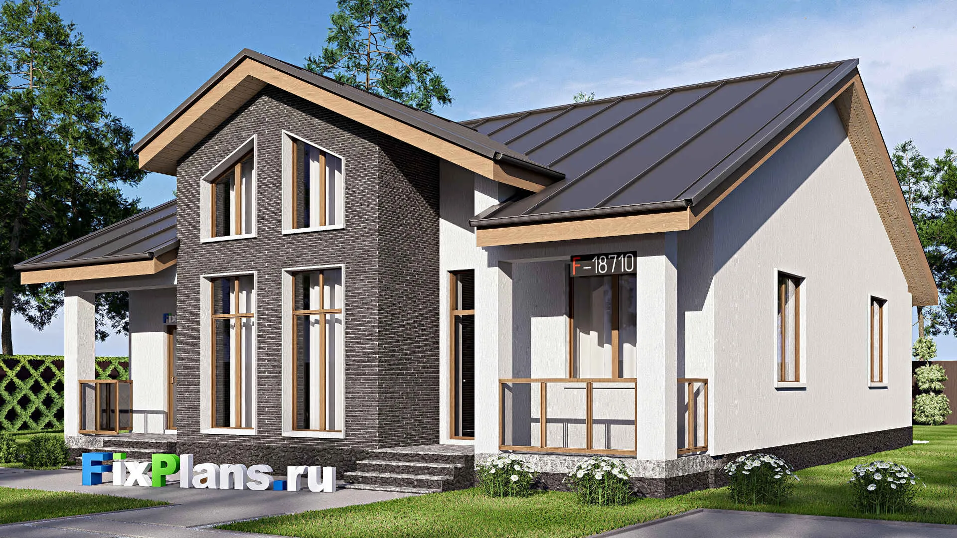 F-18710 - Проект одноэтажного дома 13 на 15, площадью 160 м² с террасой и 3 спальнями