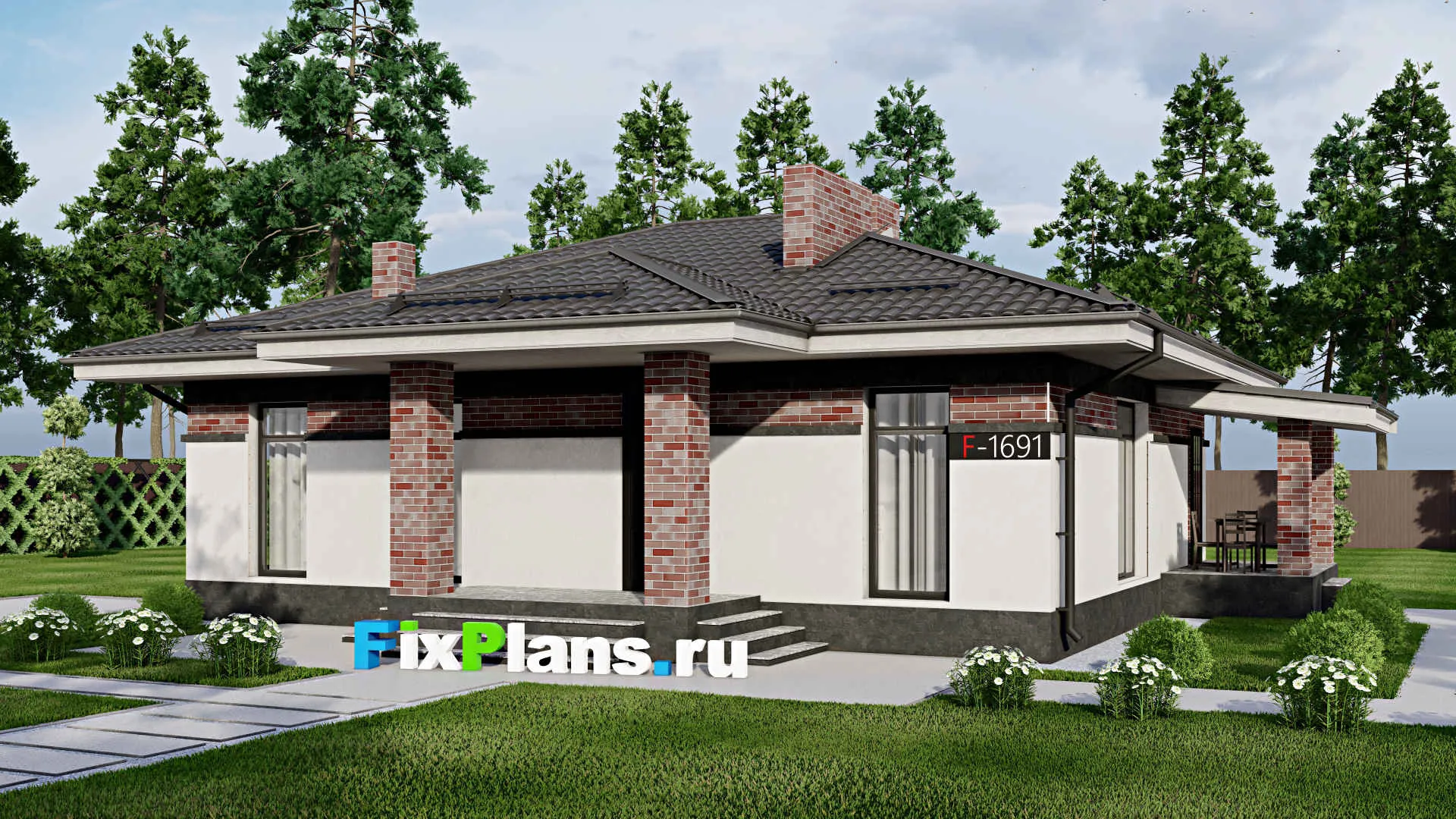 F-1691 - Проект одноэтажного дома 10 на 12, площадью 110 м² с террасой и 4 спальнями