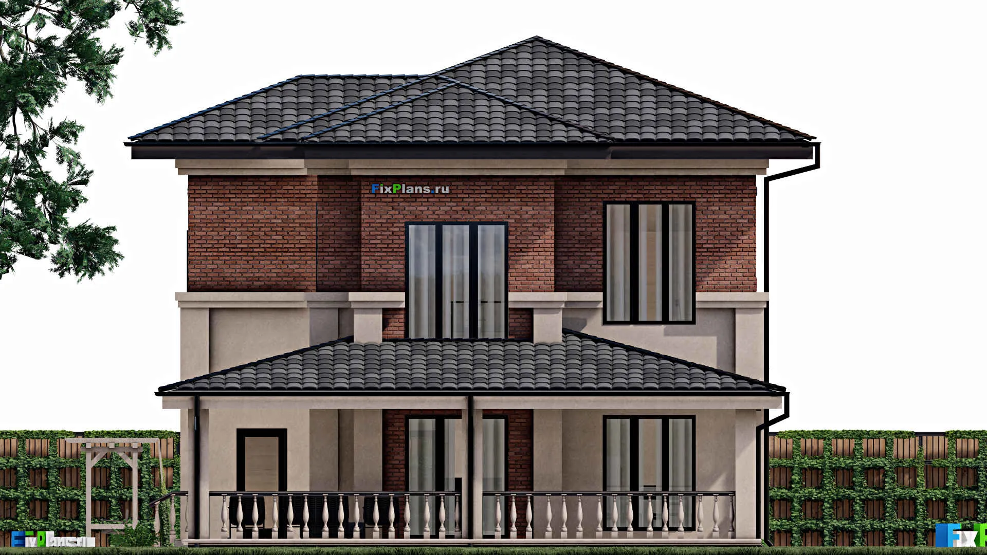 F-0170 - Проект двухэтажного дома 11 на 13, площадью 240 м² с террасой и 2 спальнями