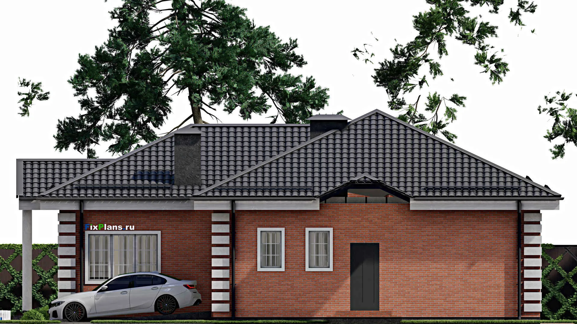 F-3662 - Проект одноэтажного дома 15 на 19, площадью 210 м² с террасой, гаражом на 1 машину и 3 спальнями