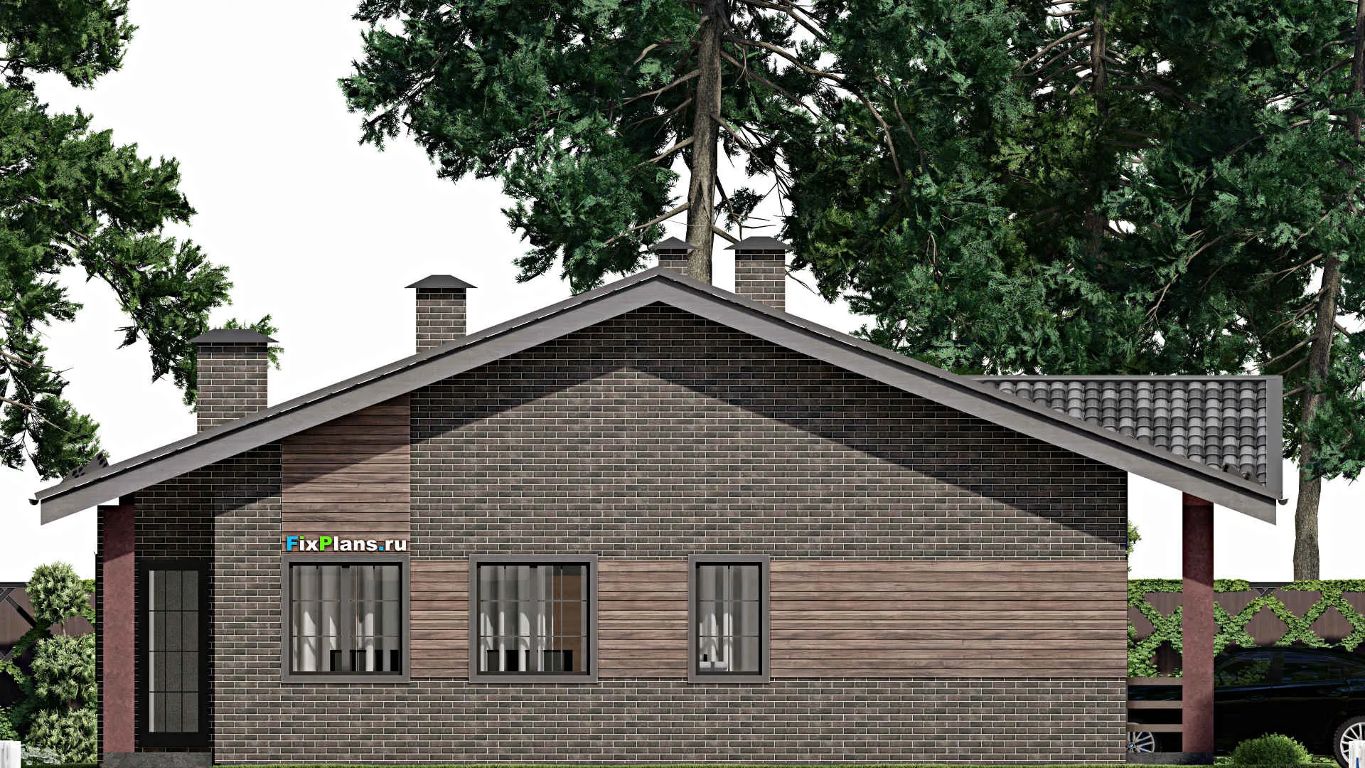 F-7019 - Проект одноэтажного дома 15 на 17, площадью 200 м² с террасой и 3 спальнями