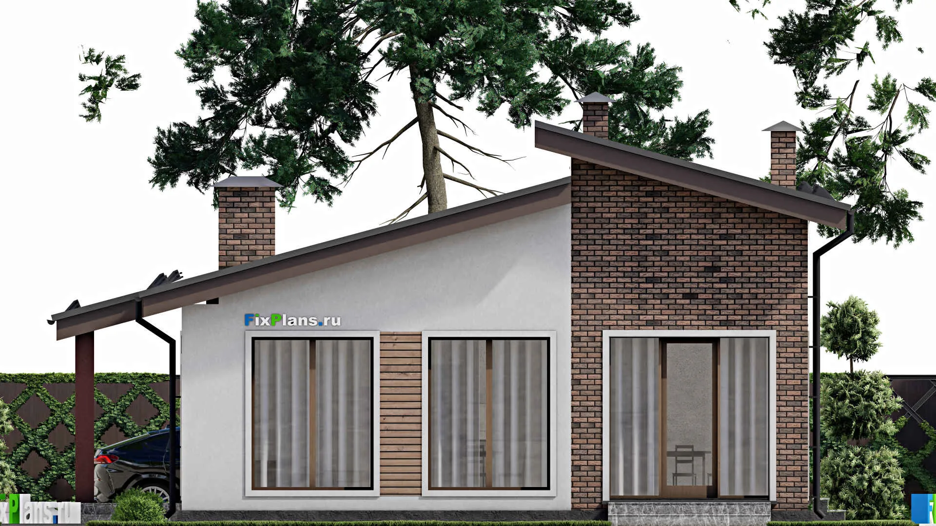 F-9188 - Проект одноэтажного дома 12 на 14, площадью 110 м² с террасой, баней и 2 спальнями