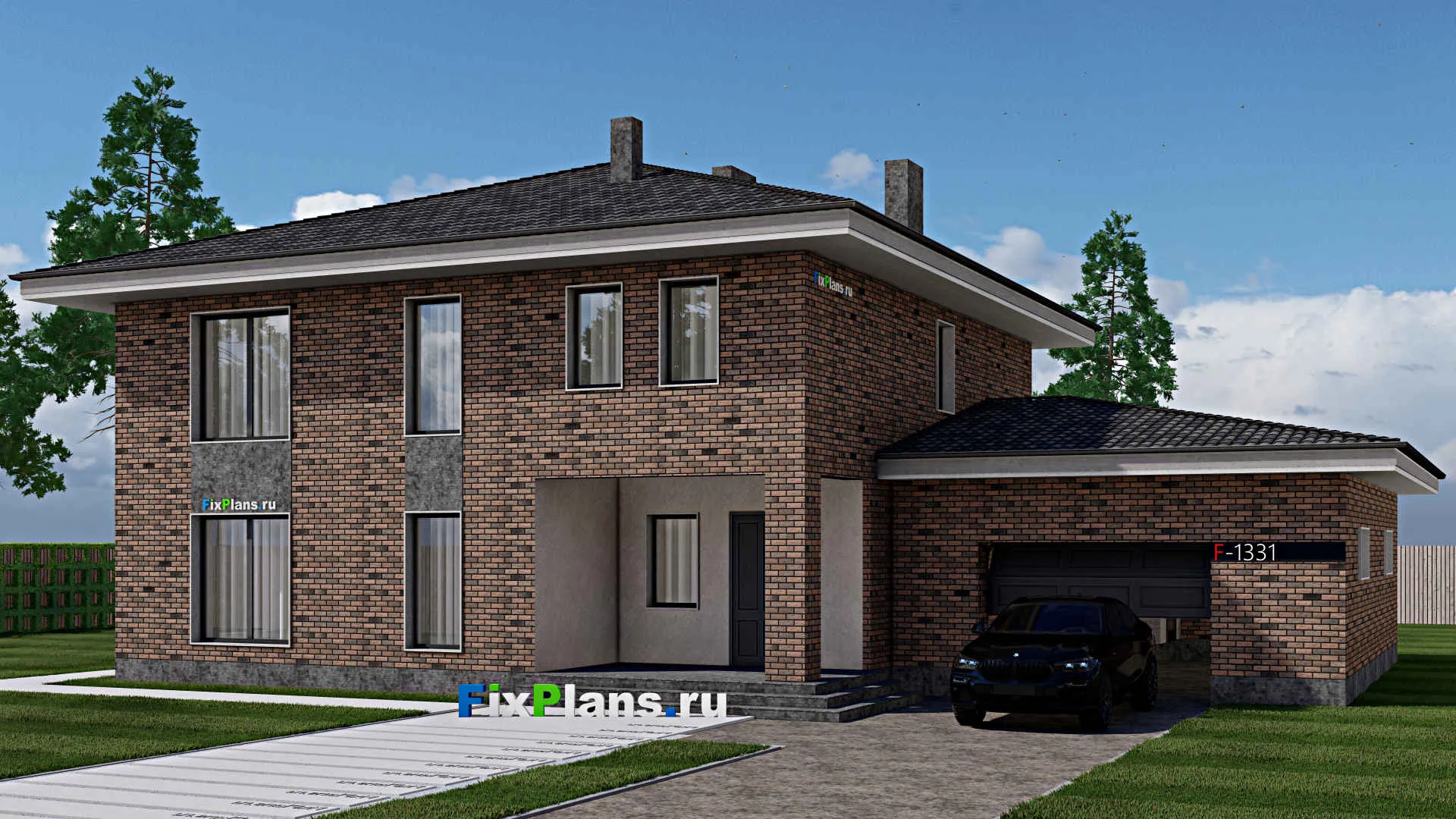 F-1331 - Проект двухэтажного дома 15 на 20, площадью 540 м² с террасой, гаражом на 2 машины и 8 спальнями