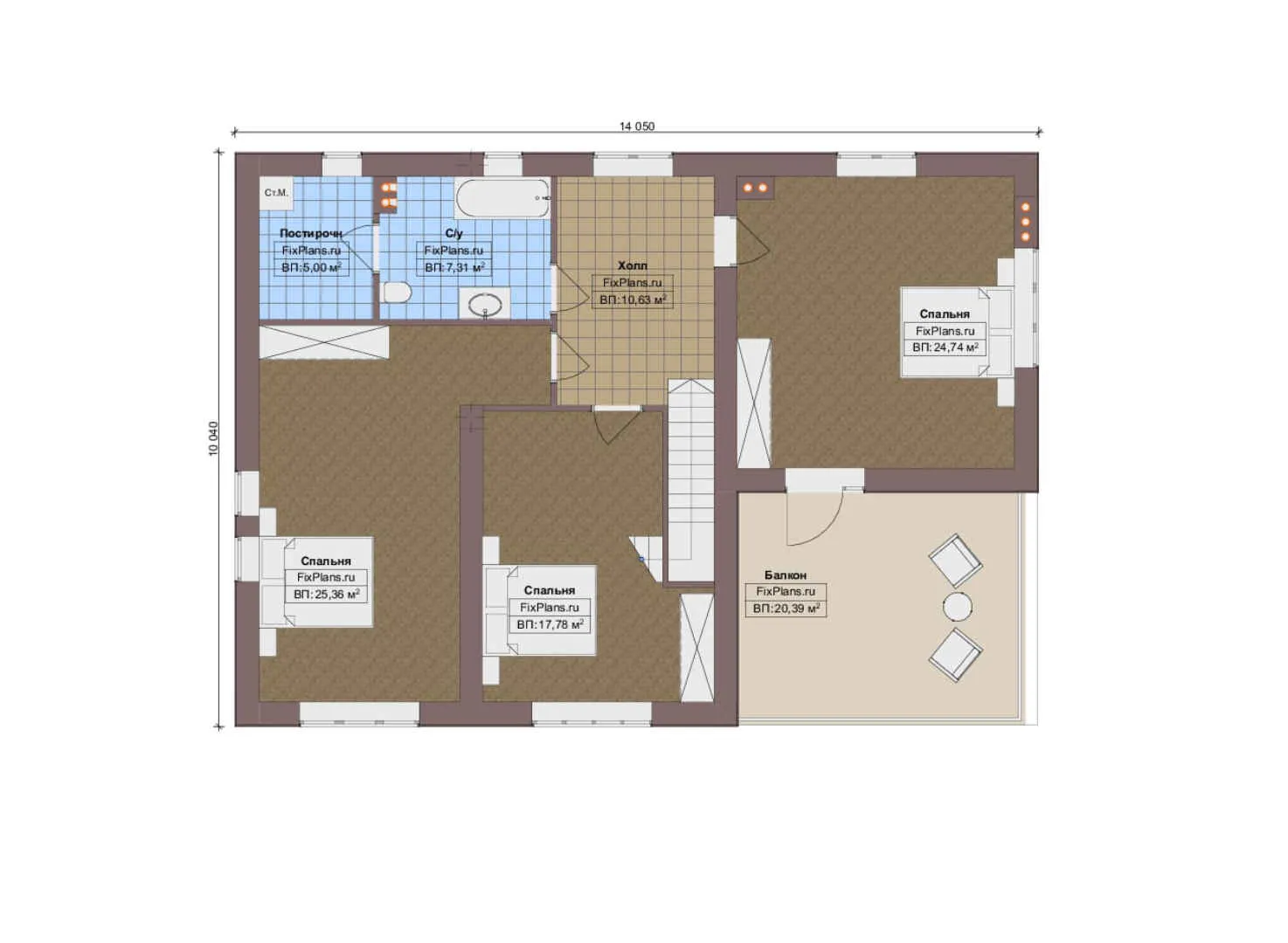 F-12491 - Планы двухэтажного дома 12 на 18, площадью 260 м² с террасой, балконом, гаражом на 1 машину и 3 спальнями