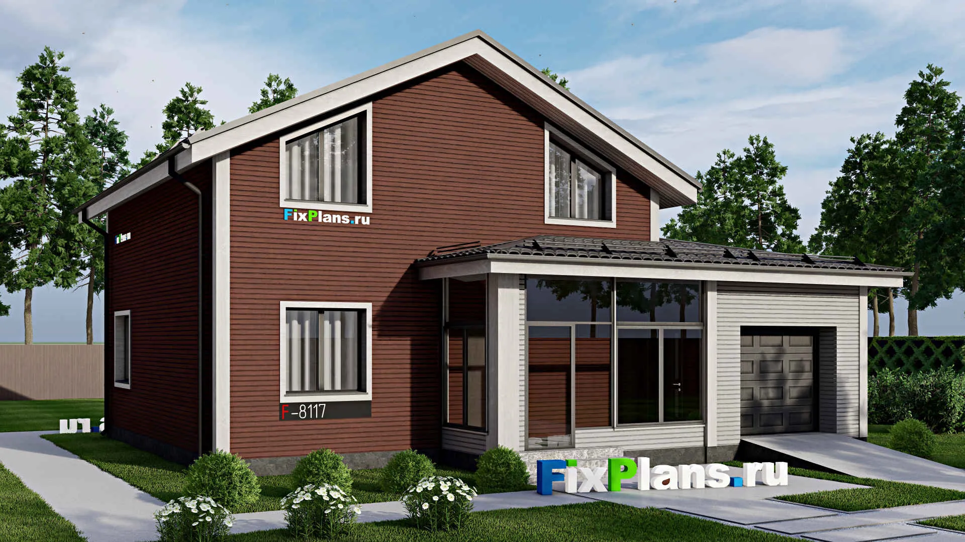 F-8117 - Проект дома с мансардой 12 на 13, площадью 160 м² с гаражом на 1 машину и 4 спальнями