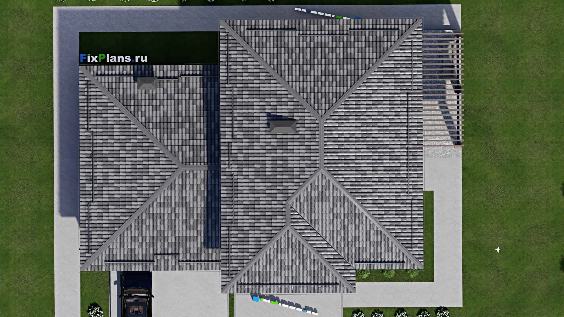 F-6785 - Проект двухэтажного дома 15 на 23, площадью 330 м² с террасой, балконом, гаражом на 2 машины и 4 спальнями