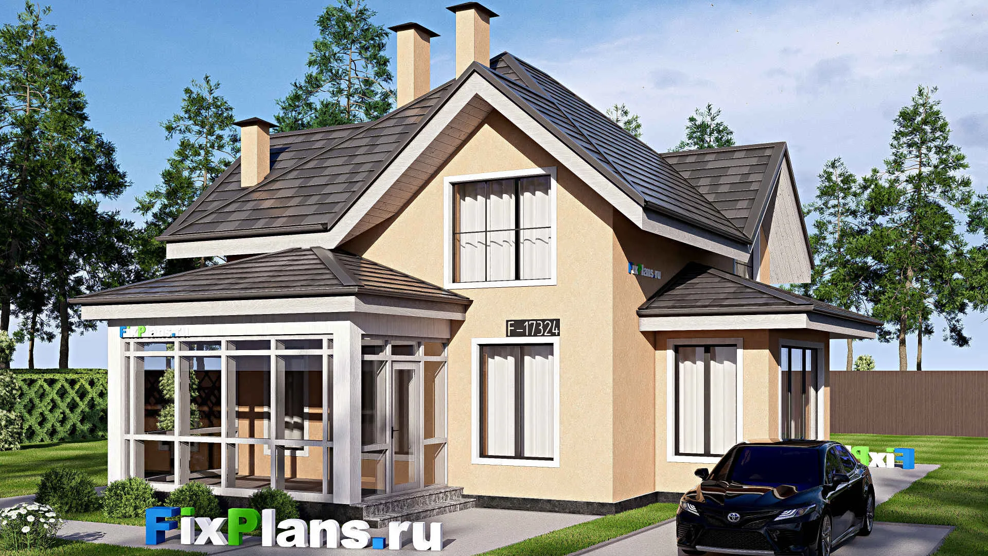 F-17324 - Проект дома с мансардой 11 на 14, площадью 140 м² с террасой и 4 спальнями