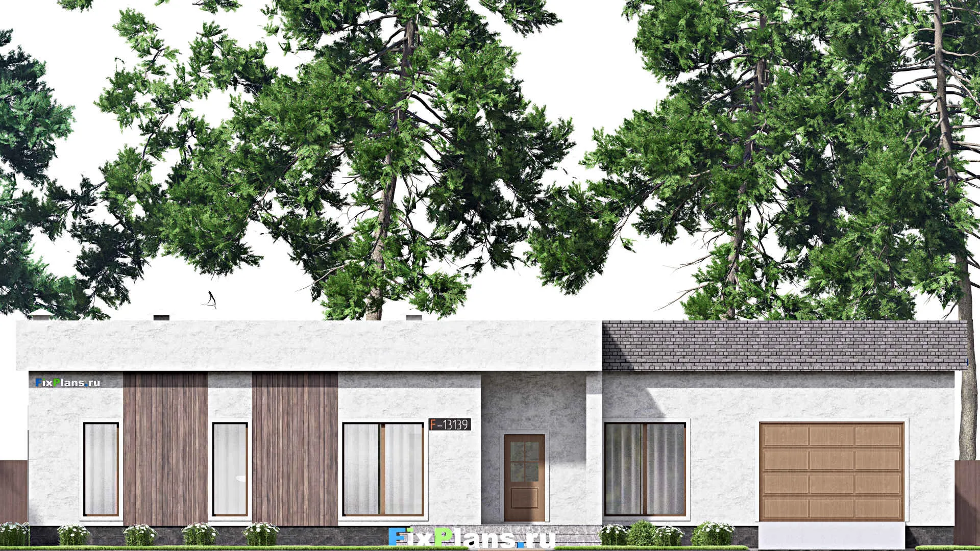 F-13139 - Проект одноэтажного дома 15 на 23, площадью 220 м² с террасой, гаражом на 2 машины и 2 спальнями