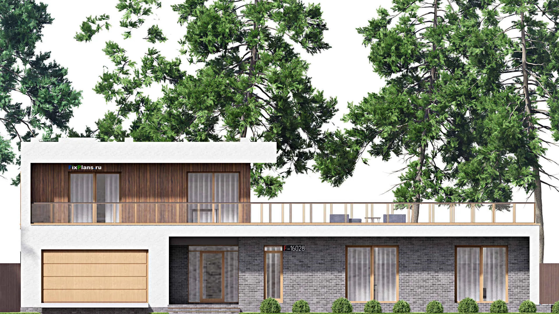 F-16028 - Проект двухэтажного дома 25 на 26, площадью 850 м² с террасой, балконом, гаражом на 2 машины и 5 спальнями