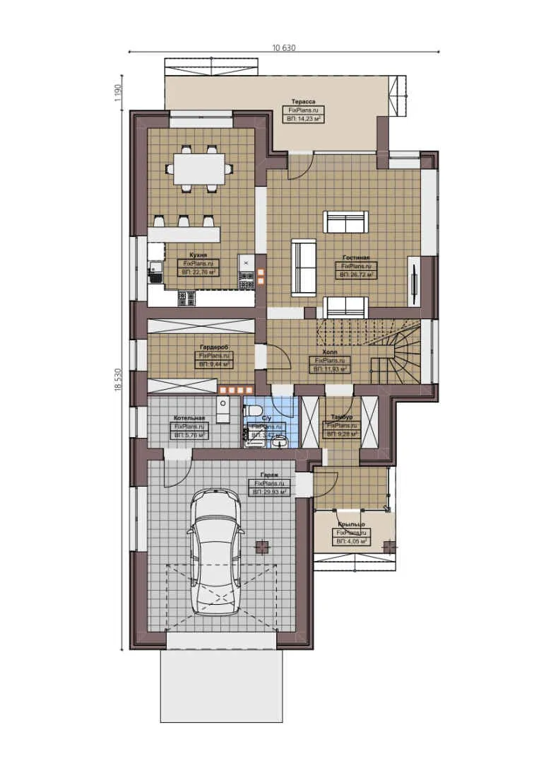F-2924 - Планы дома с мансардой 11 на 19, площадью 240 м² с террасой, балконом, гаражом на 1 машину и 3 спальнями